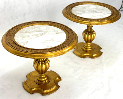 EstablishedLines Pair Marble Tops Gold Round Medallion Top Onion Shape Base Side End Lamp Stands