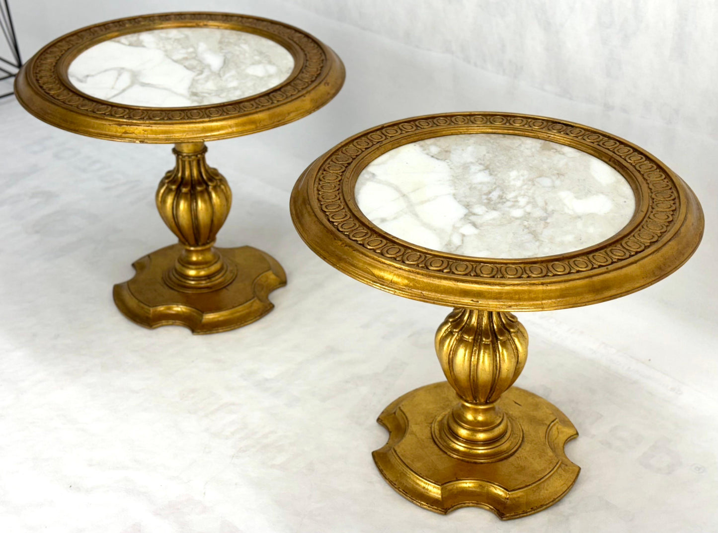 Pair Marble Tops Gold Round Medallion Top Onion Shape Base Side End Lamp Stands