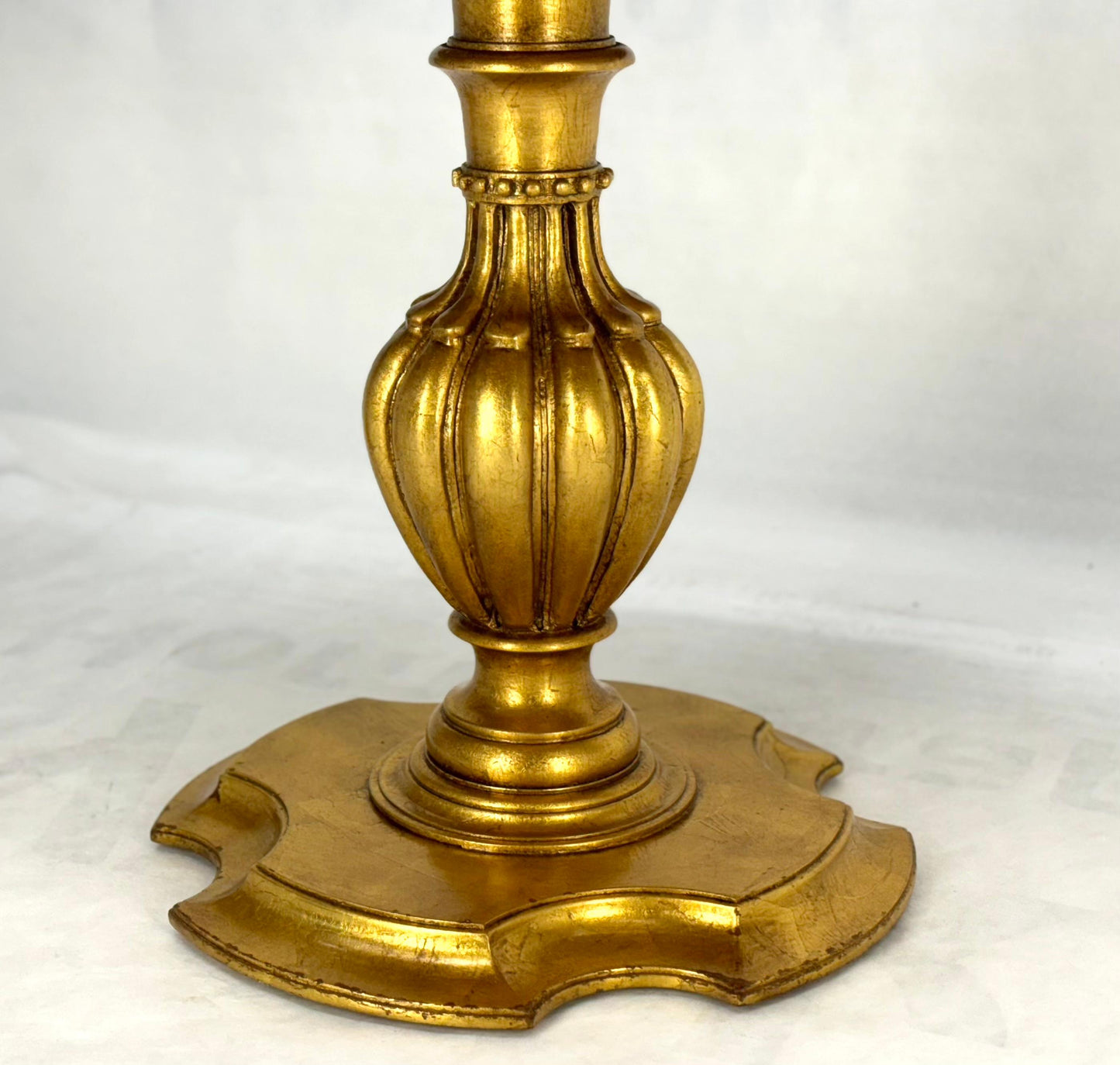 EstablishedLines Pair Marble Tops Gold Round Medallion Top Onion Shape Base Side End Lamp Stands