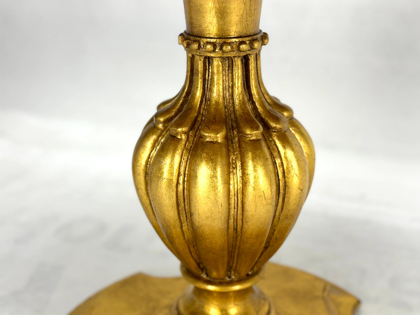 EstablishedLines Pair Marble Tops Gold Round Medallion Top Onion Shape Base Side End Lamp Stands