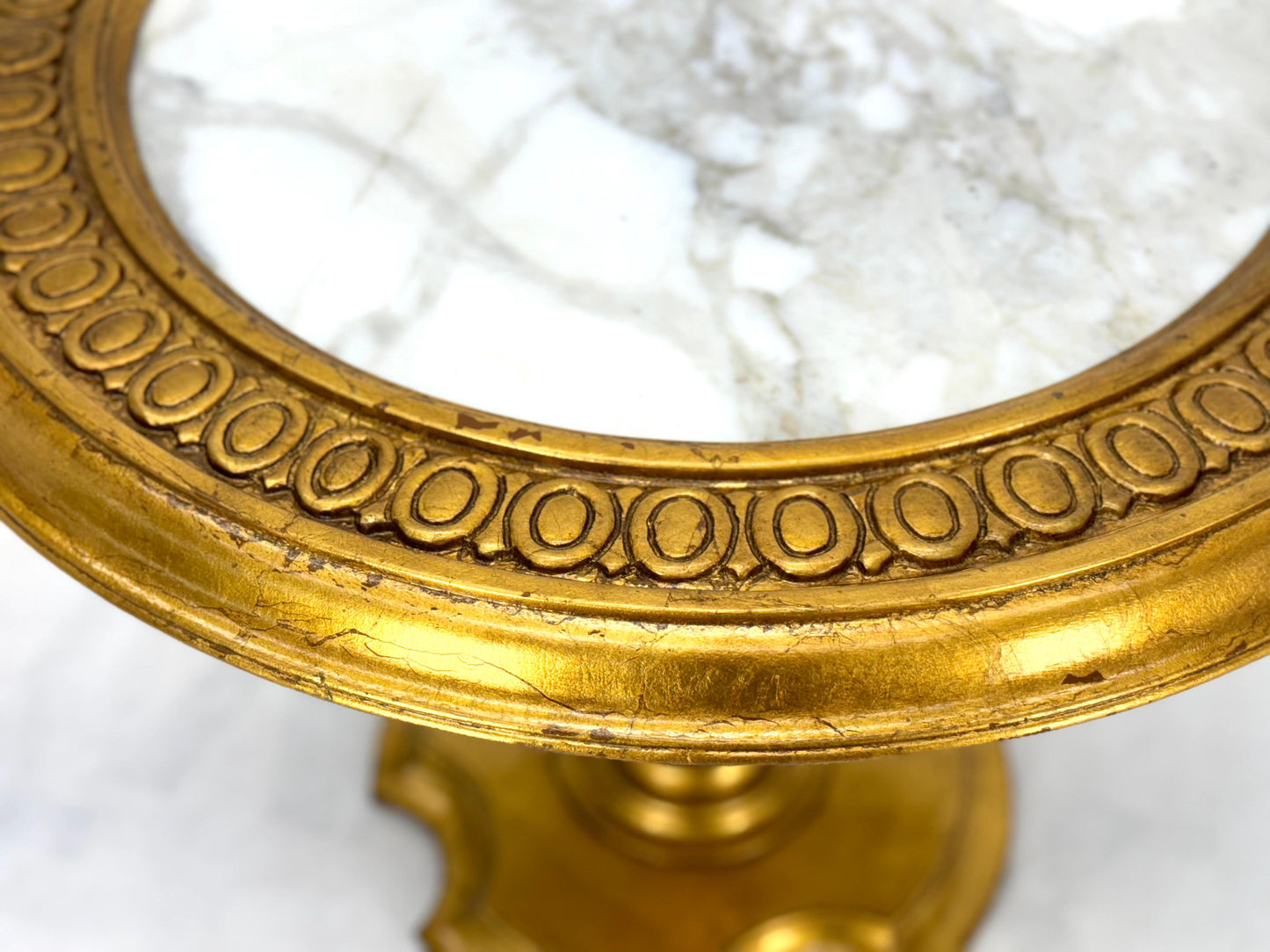 EstablishedLines Pair Marble Tops Gold Round Medallion Top Onion Shape Base Side End Lamp Stands