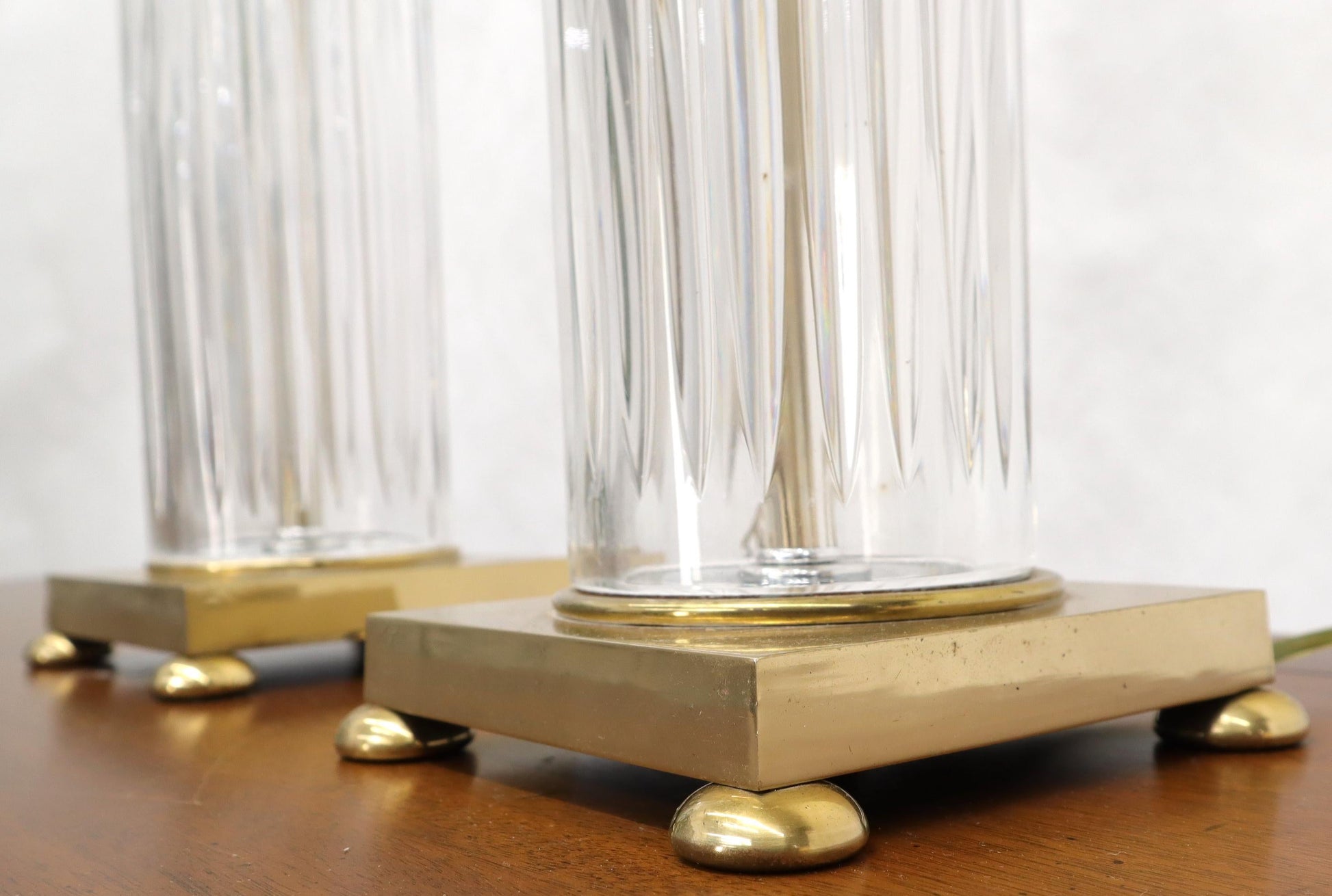 EstablishedLines Pair of Fine Cut Glass Crystal Cylinder Shape Table Lamps on Brass Bases