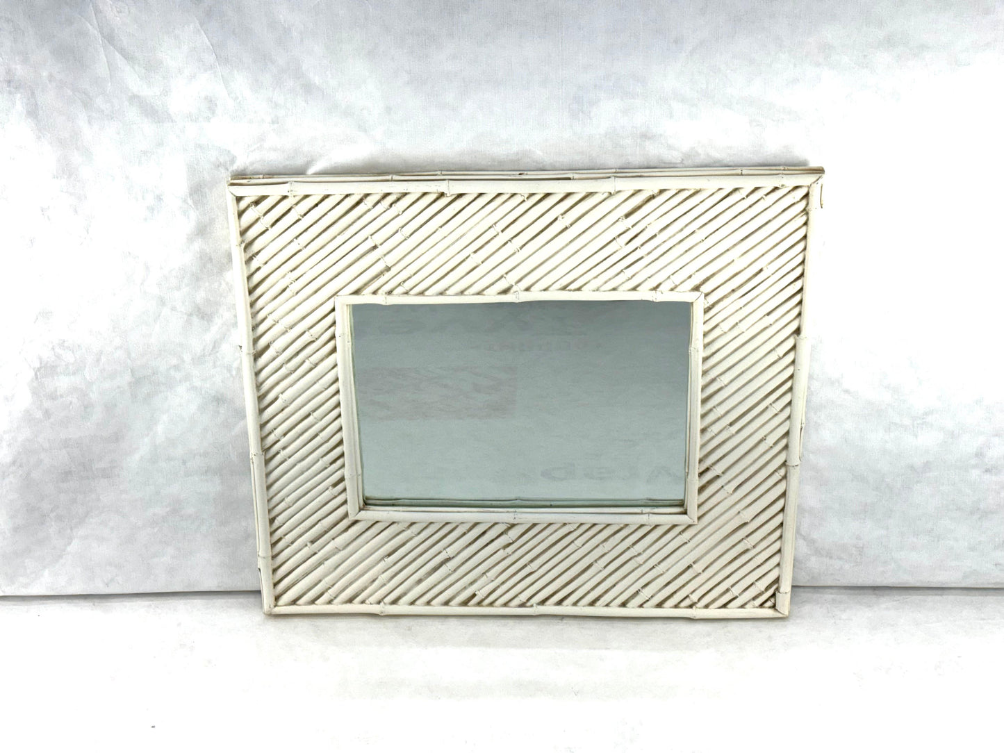 EstablishedLines Cast Faux Bamboo White Lacquer Frame Rectangle Wall Mirror Artist Signed & Dated