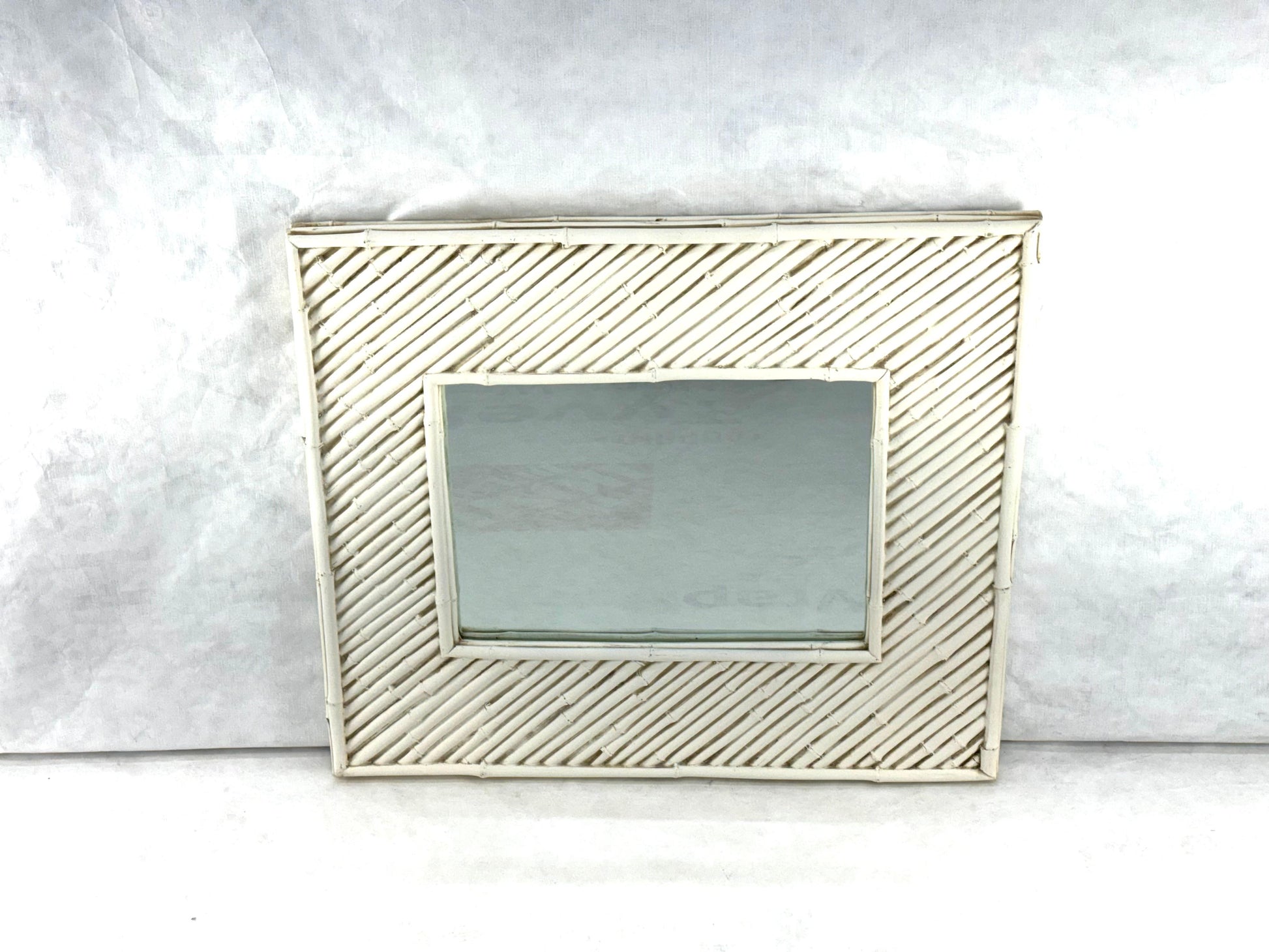 EstablishedLines Cast Faux Bamboo White Lacquer Frame Rectangle Wall Mirror Artist Signed & Dated