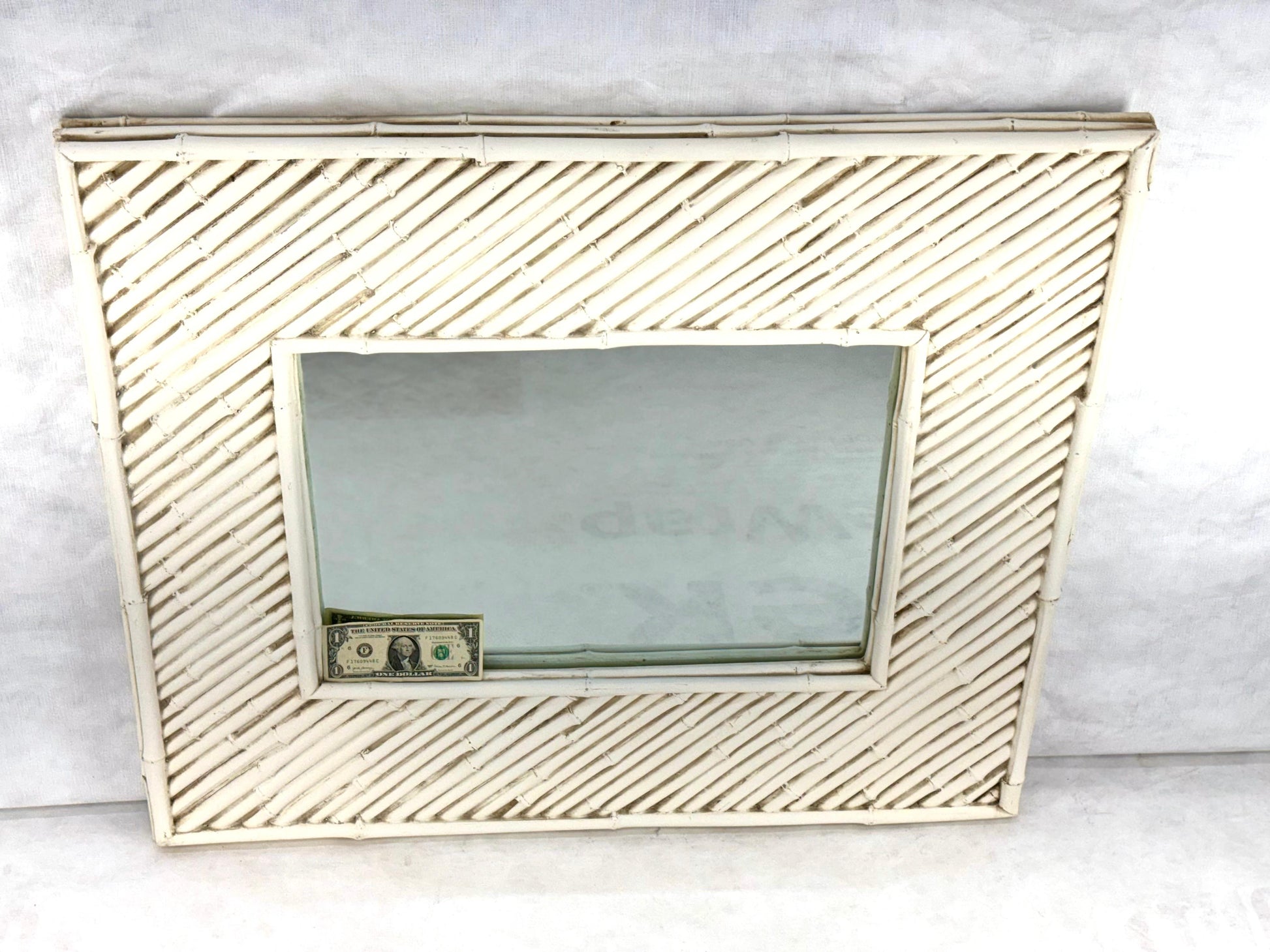 EstablishedLines Cast Faux Bamboo White Lacquer Frame Rectangle Wall Mirror Artist Signed & Dated