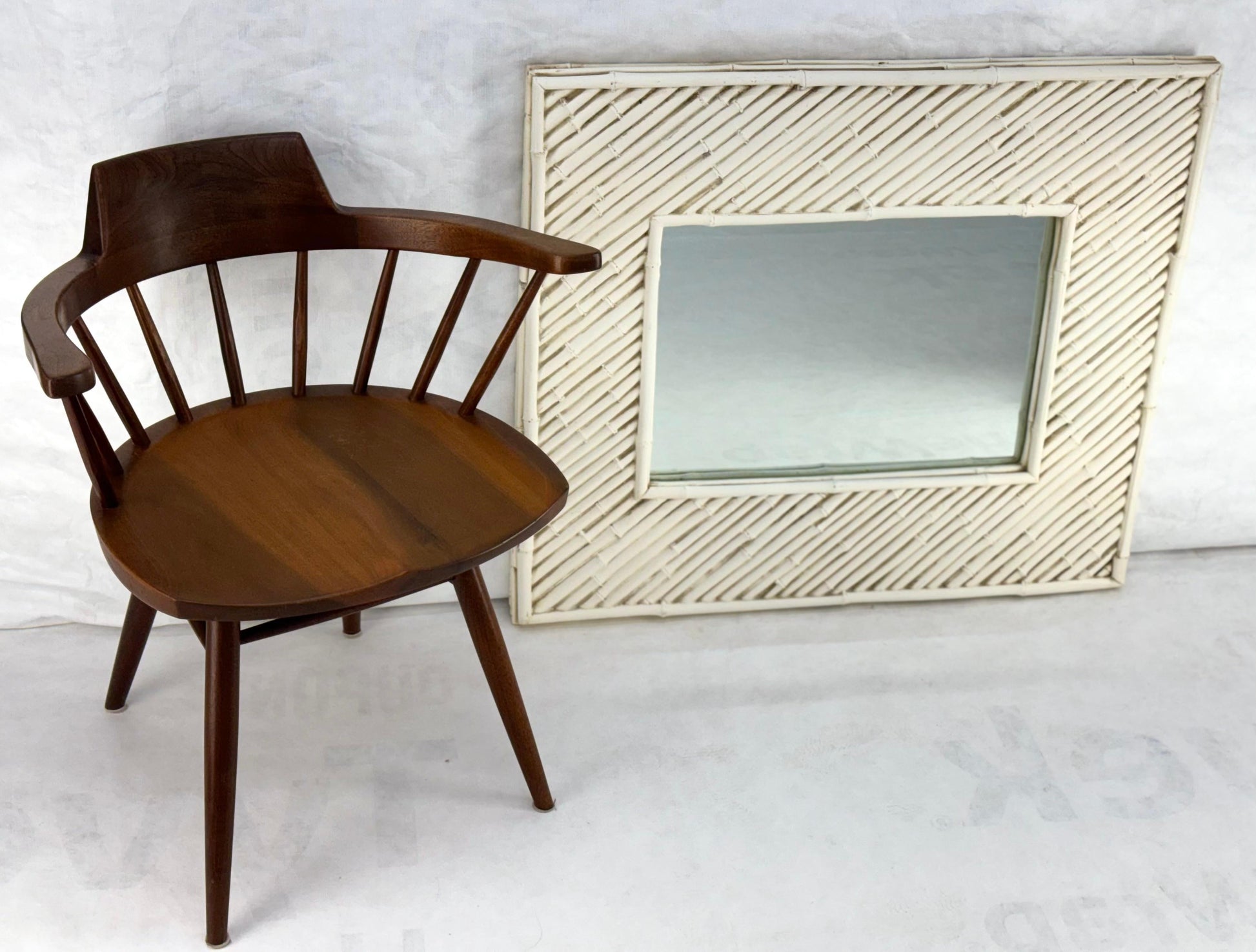 EstablishedLines Cast Faux Bamboo White Lacquer Frame Rectangle Wall Mirror Artist Signed & Dated