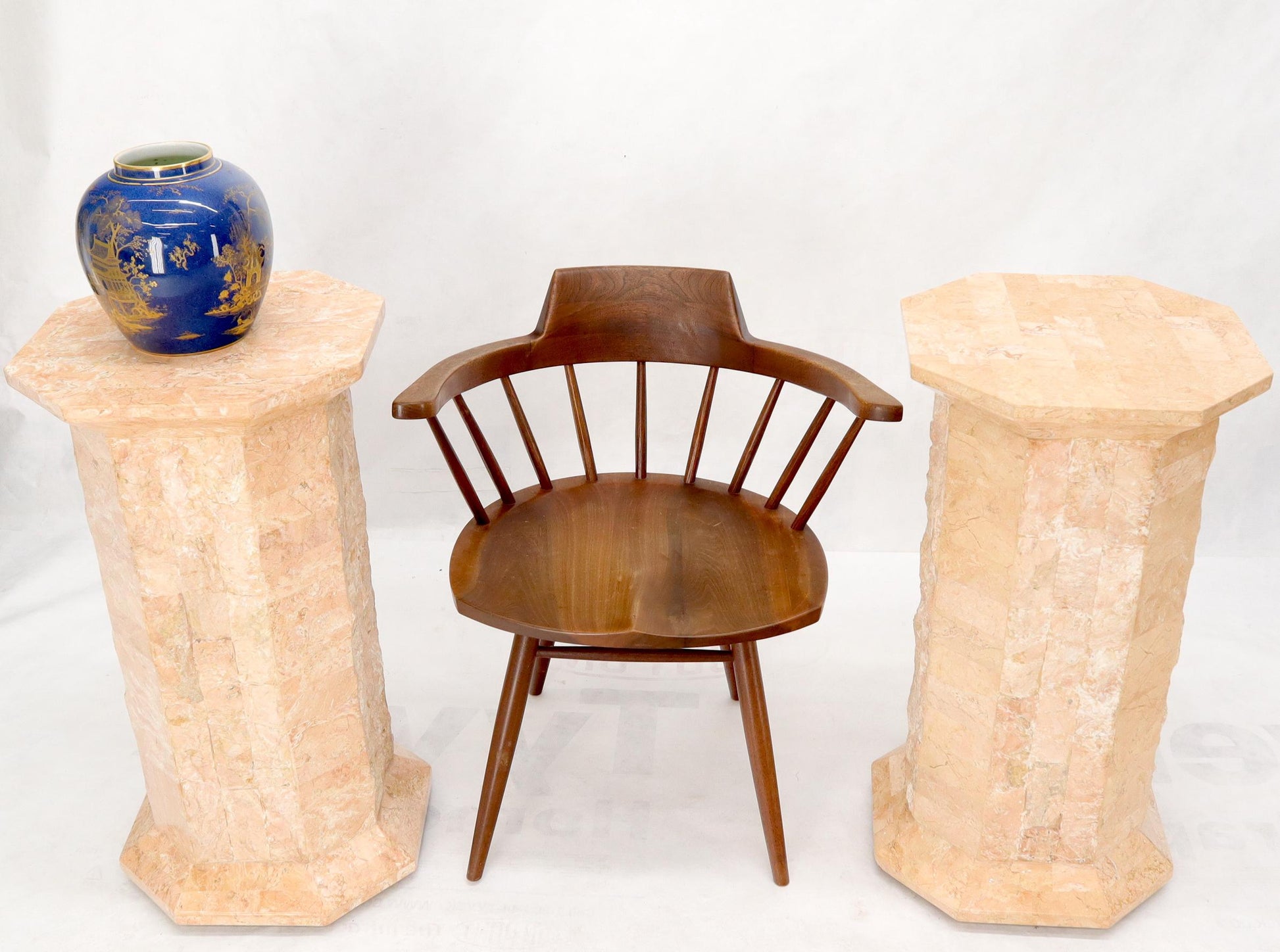 EstablishedLines Pair of Polished Stone Tile Tessellated Octagon Shape Pedestals Stand Red White
