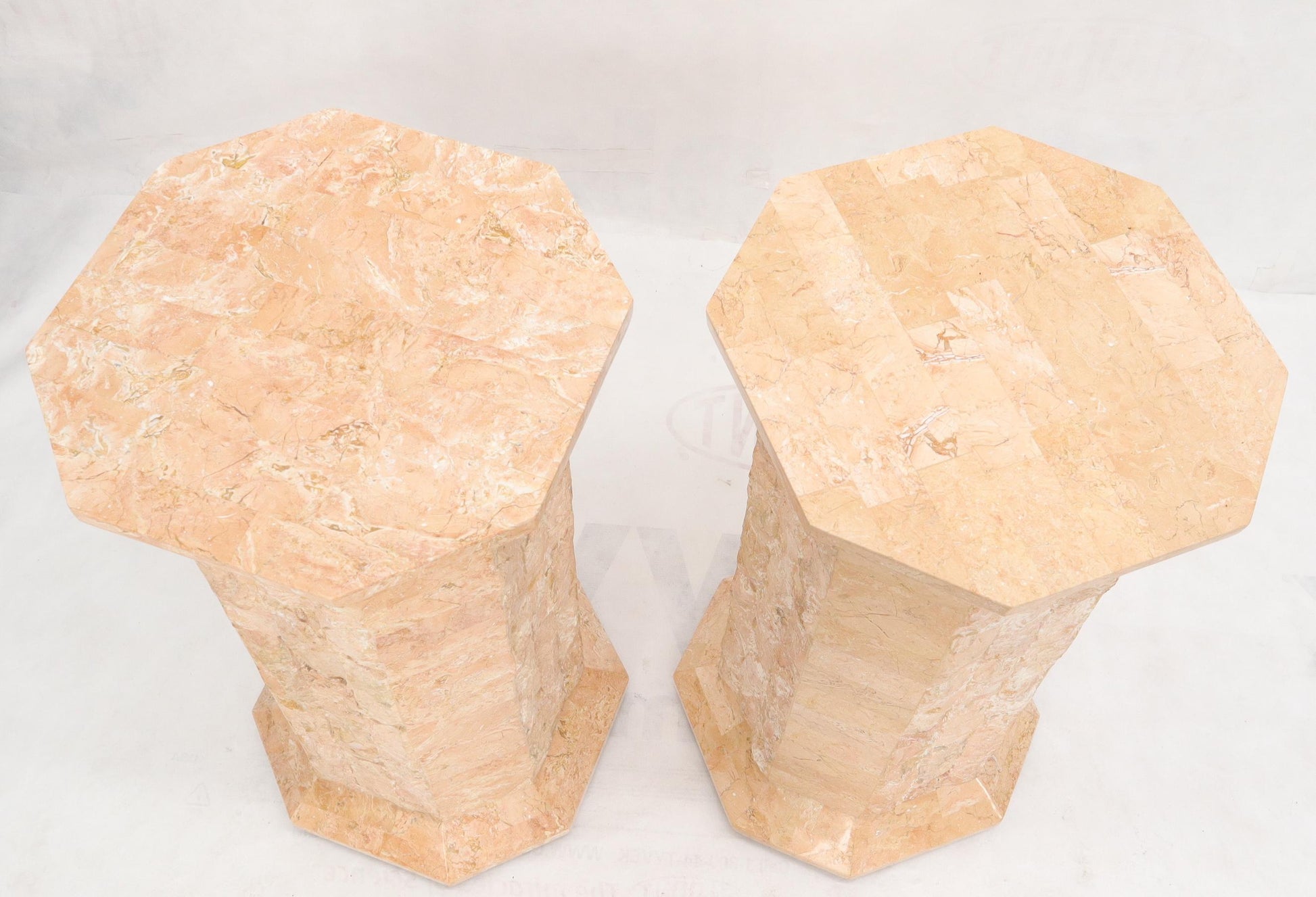 EstablishedLines Pair of Polished Stone Tile Tessellated Octagon Shape Pedestals Stand Red White