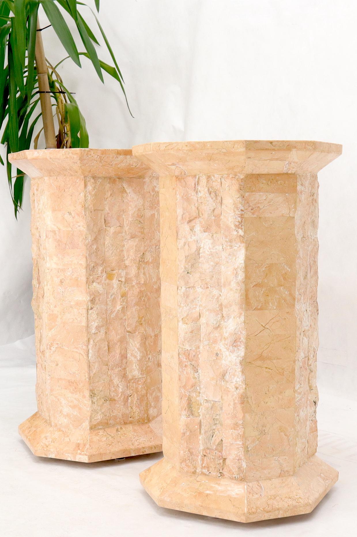 EstablishedLines Pair of Polished Stone Tile Tessellated Octagon Shape Pedestals Stand Red White