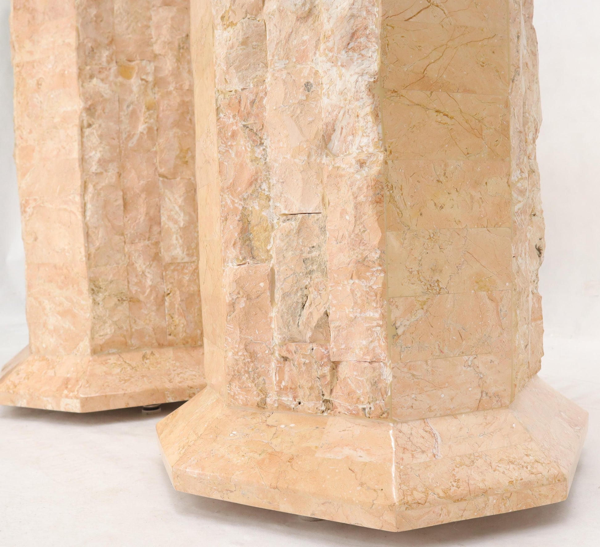 EstablishedLines Pair of Polished Stone Tile Tessellated Octagon Shape Pedestals Stand Red White