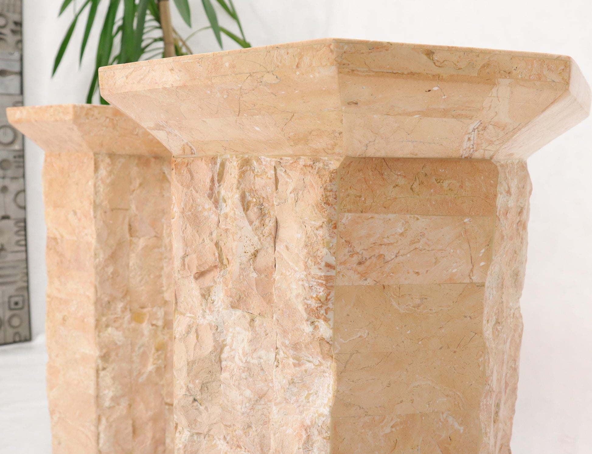 EstablishedLines Pair of Polished Stone Tile Tessellated Octagon Shape Pedestals Stand Red White