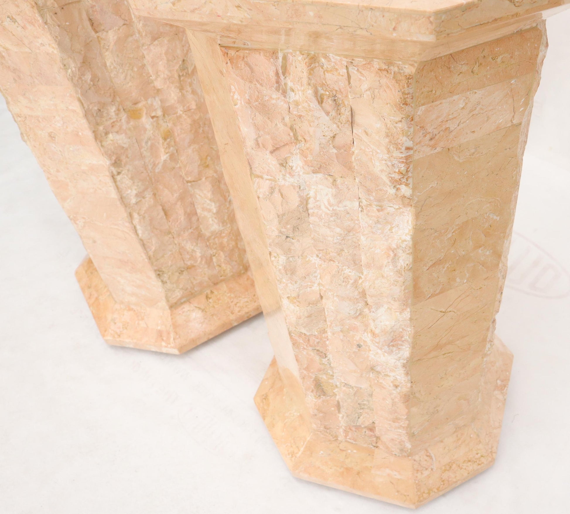 EstablishedLines Pair of Polished Stone Tile Tessellated Octagon Shape Pedestals Stand Red White