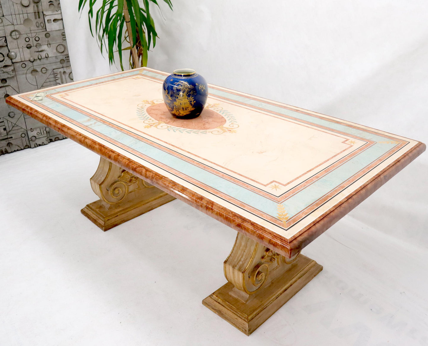 EstablishedLines Enamel Decorated Marble Top Dining Table on Carved Gold Lyre Shape Pedestals