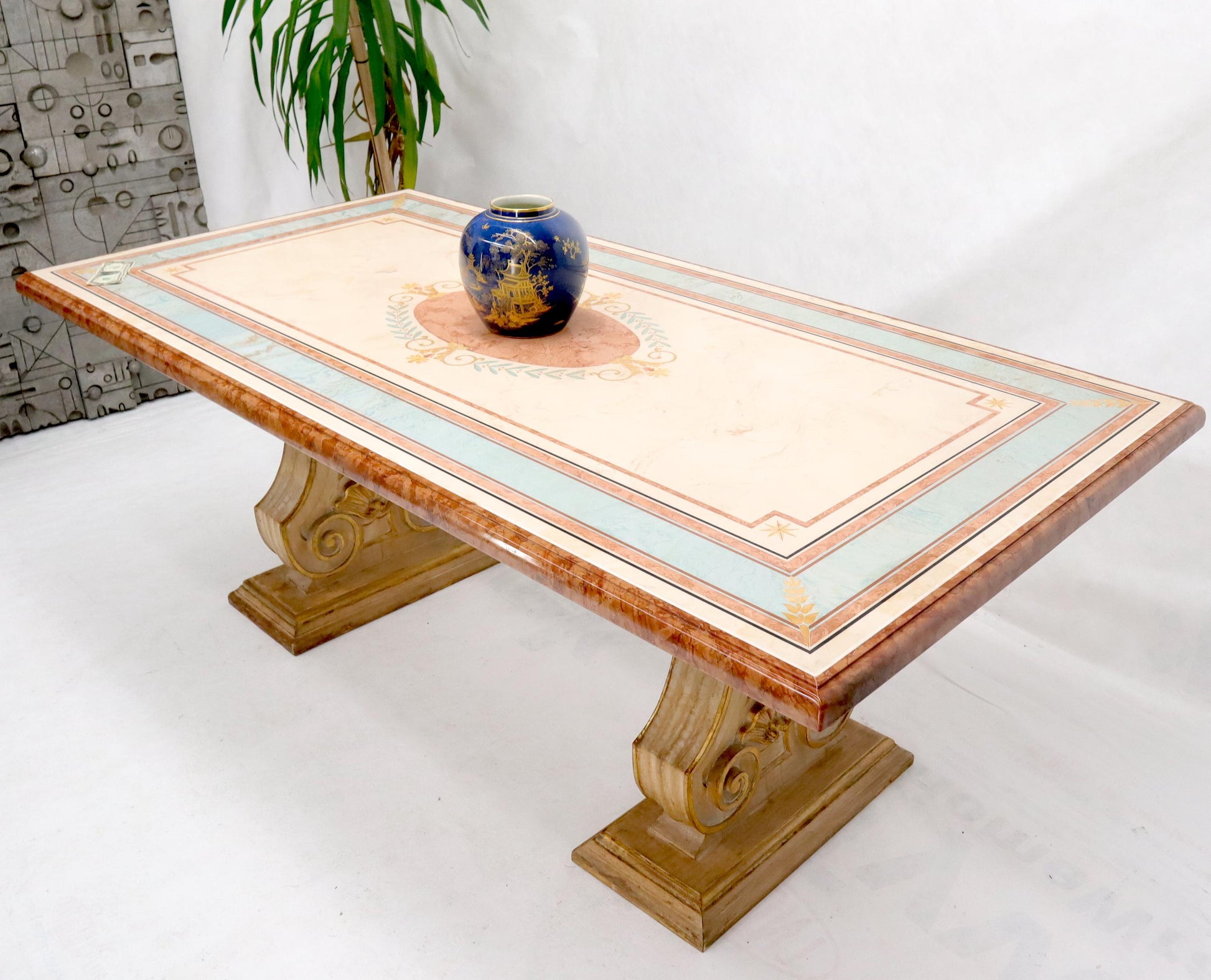 EstablishedLines Enamel Decorated Marble Top Dining Table on Carved Gold Lyre Shape Pedestals