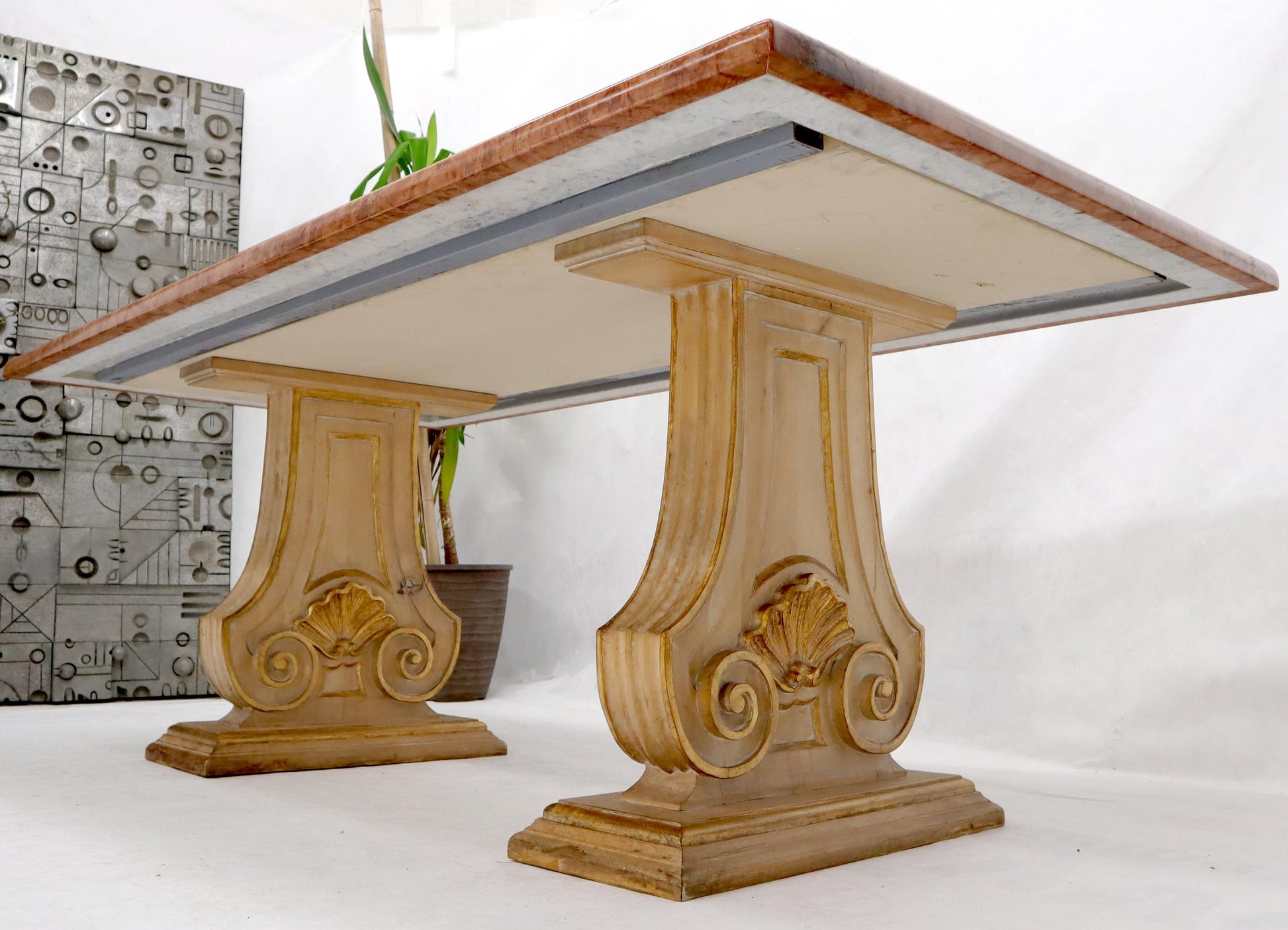 EstablishedLines Enamel Decorated Marble Top Dining Table on Carved Gold Lyre Shape Pedestals