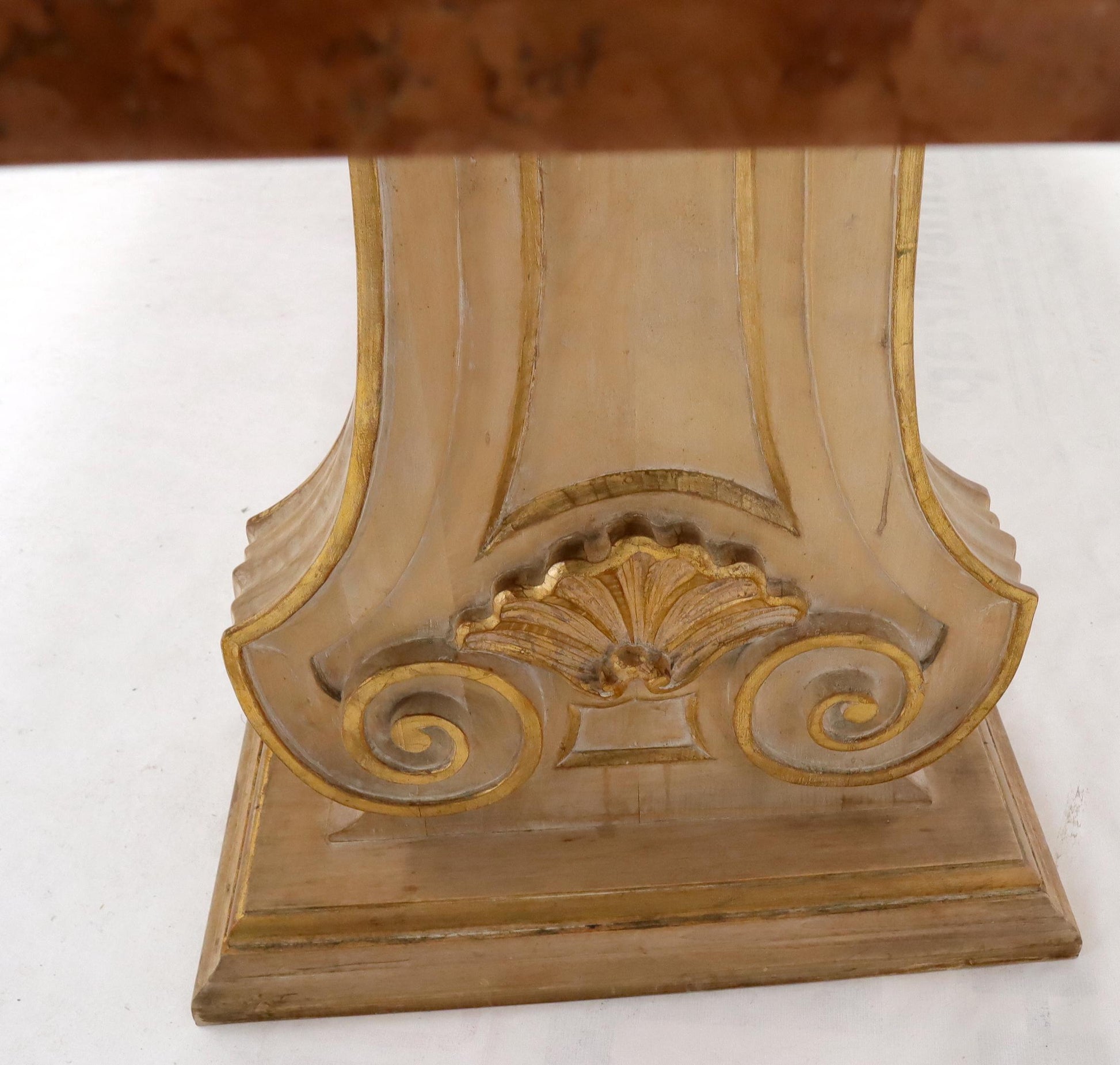 EstablishedLines Enamel Decorated Marble Top Dining Table on Carved Gold Lyre Shape Pedestals