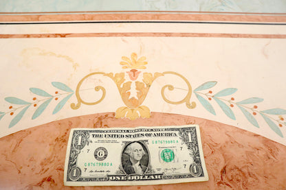 EstablishedLines Enamel Decorated Marble Top Dining Table on Carved Gold Lyre Shape Pedestals