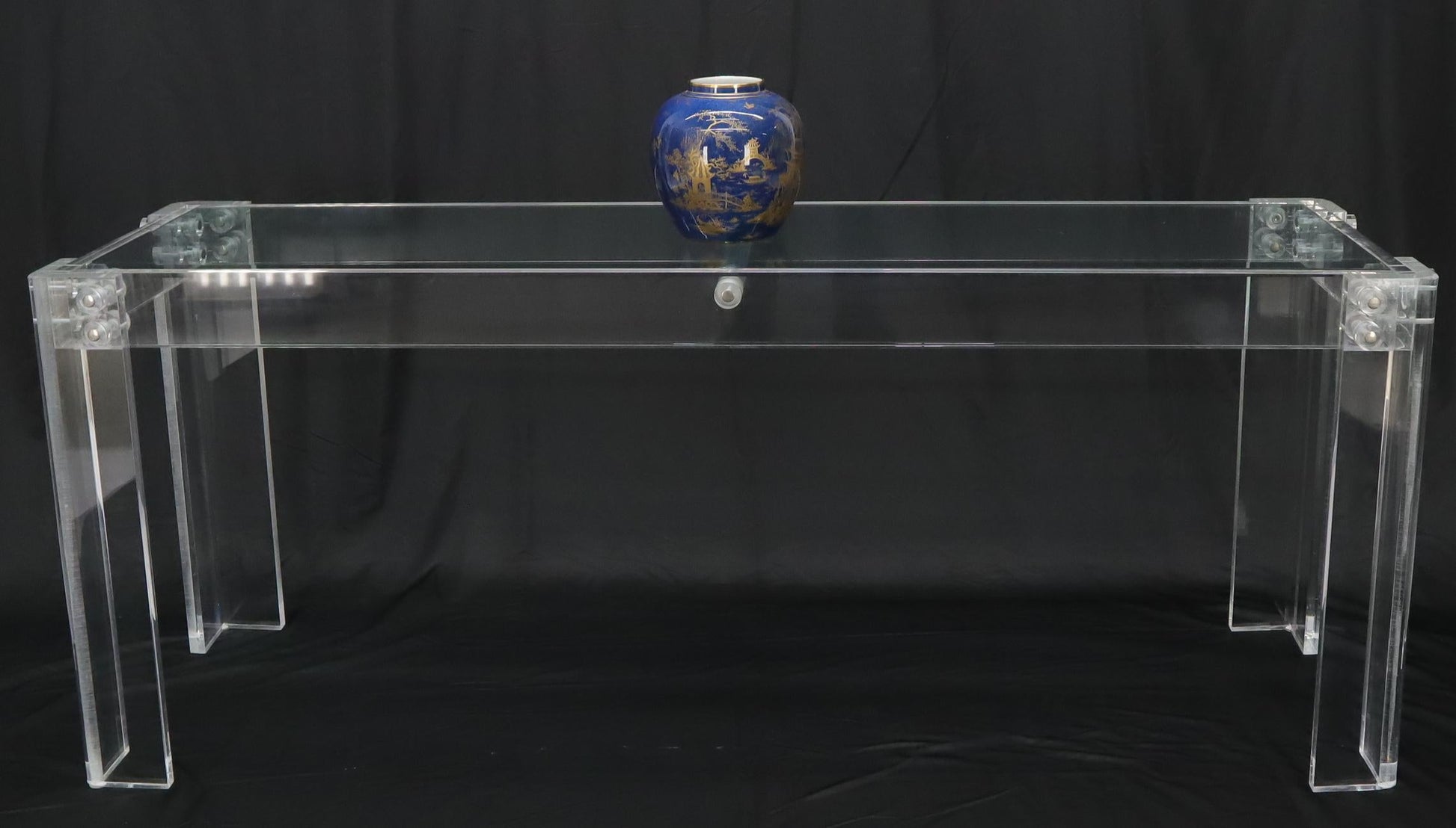 EstablishedLines Large Long Lucite Base Glass Top Console Sofa Table
