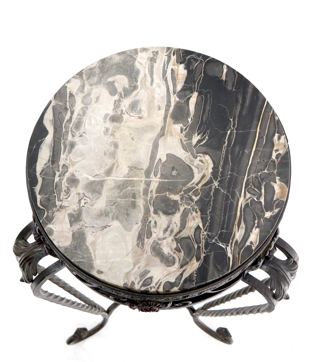 Round Black & White Marble Top Wrought Iron Pedestal Stand Table