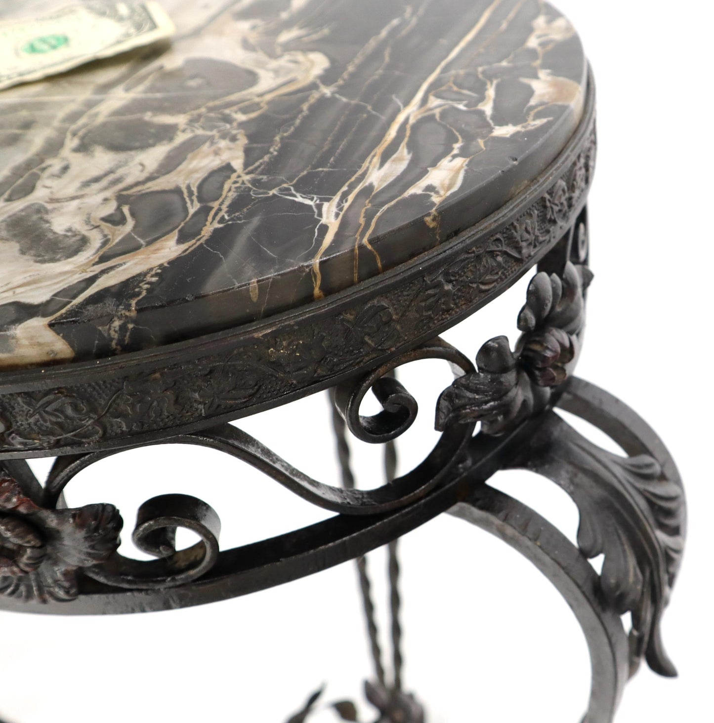 Round Black & White Marble Top Wrought Iron Pedestal Stand Table