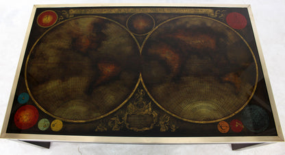 Brass Inlayed & Framed Rectangular Reverse Painted Atlas Map Top Coffee Table