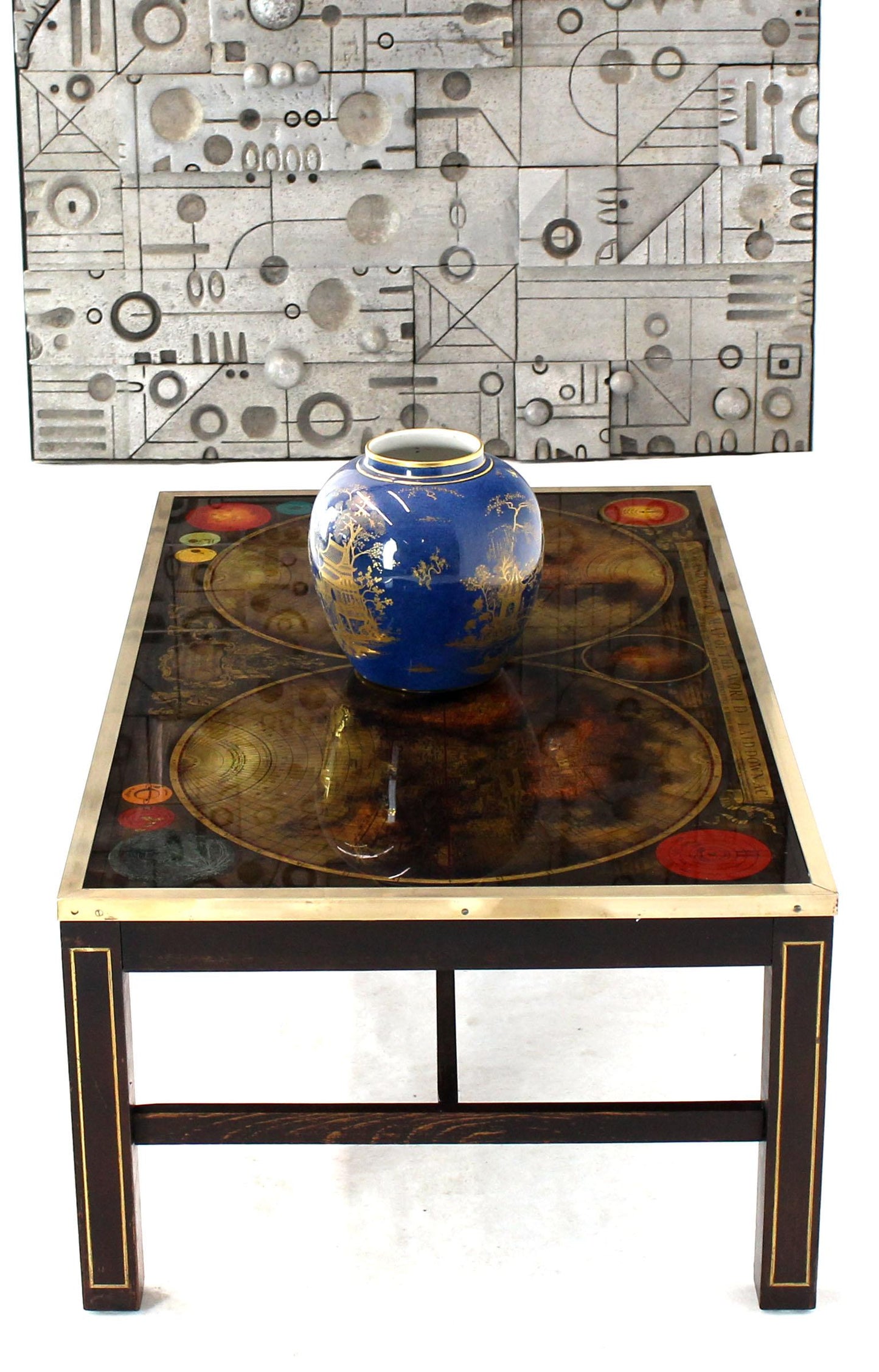 Brass Inlayed & Framed Rectangular Reverse Painted Atlas Map Top Coffee Table