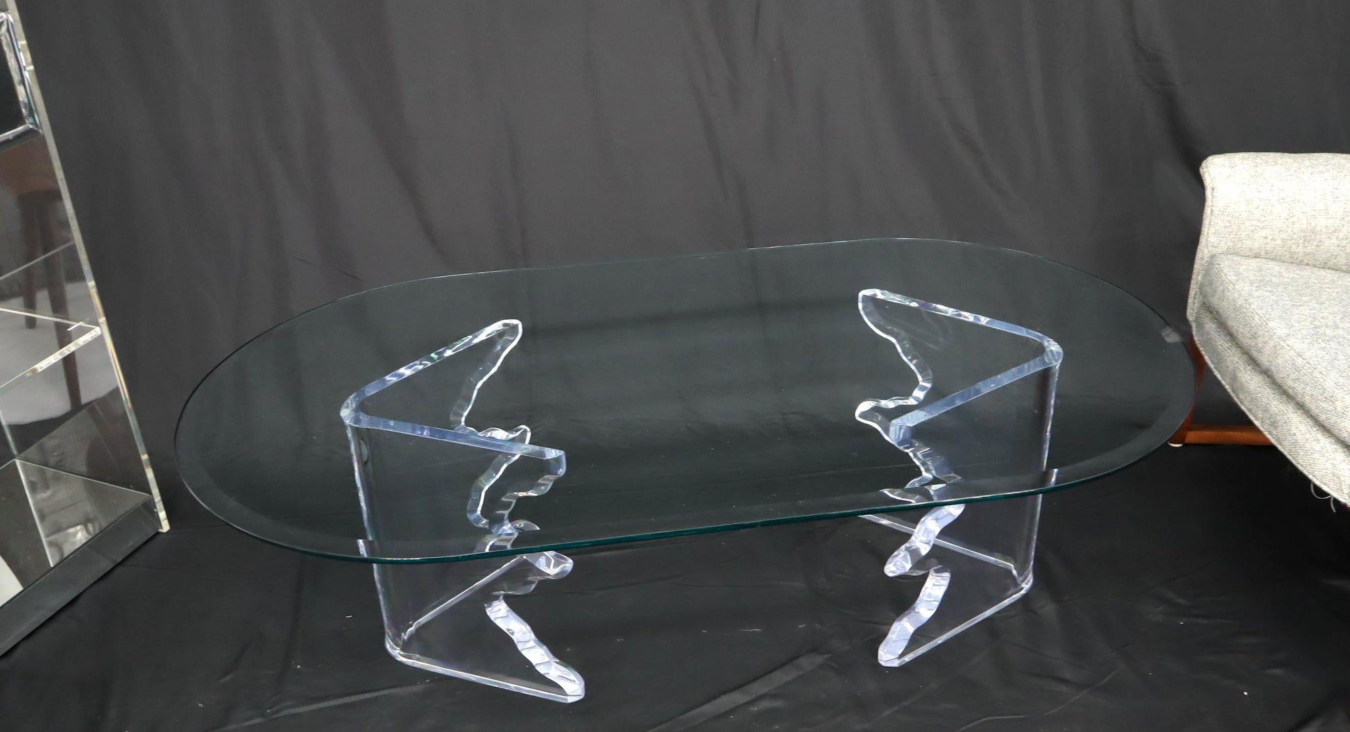 EstablishedLines Mid-Century Modern Live Edge Lucite Base Racetrack Oval Top Coffee Table