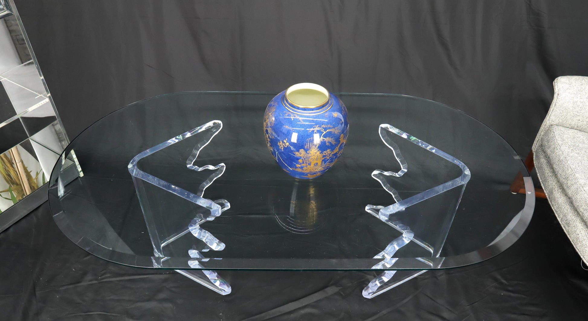 EstablishedLines Mid-Century Modern Live Edge Lucite Base Racetrack Oval Top Coffee Table