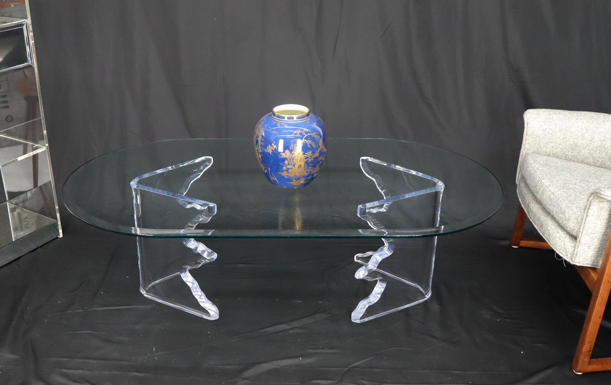 EstablishedLines Mid-Century Modern Live Edge Lucite Base Racetrack Oval Top Coffee Table