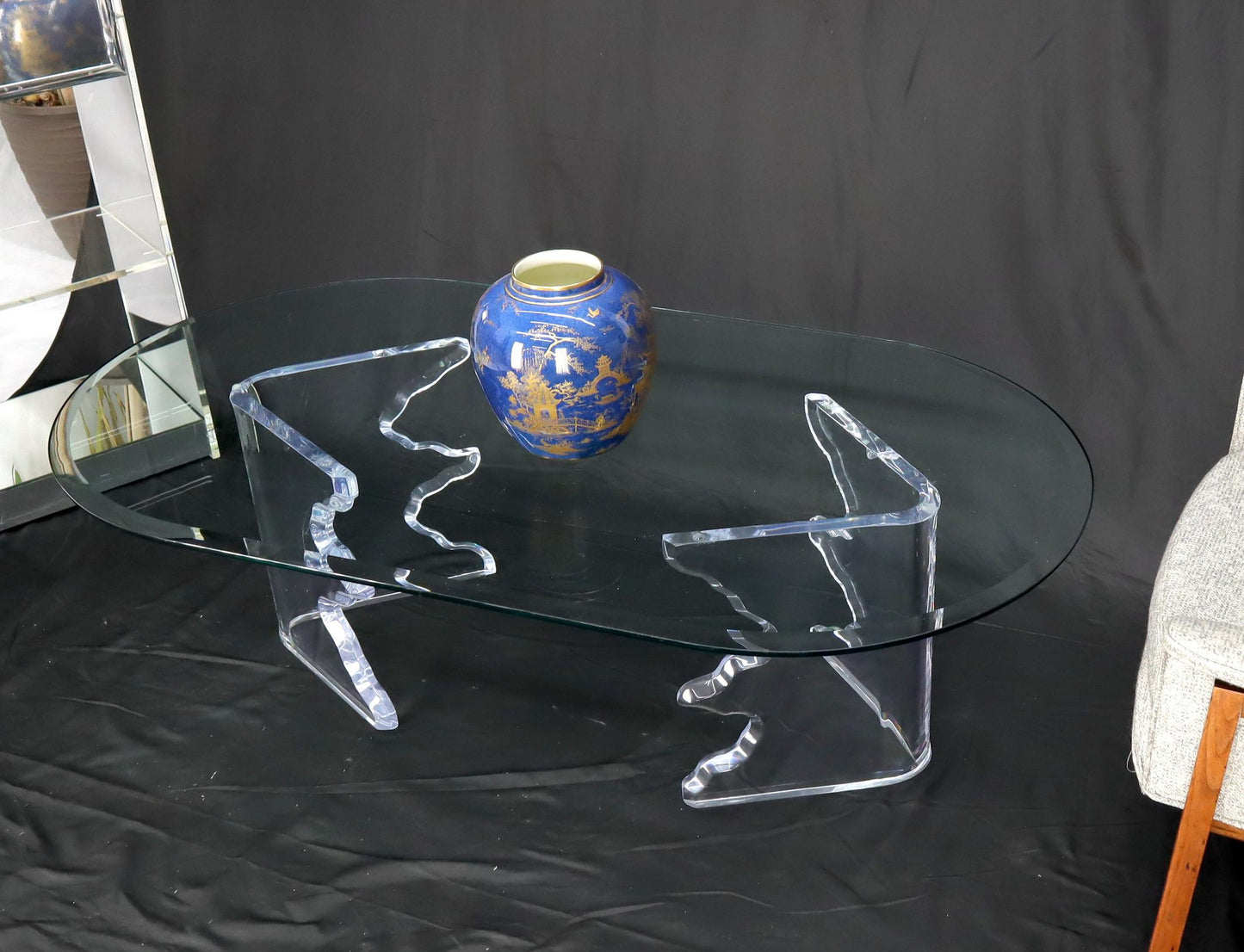 EstablishedLines Mid-Century Modern Live Edge Lucite Base Racetrack Oval Top Coffee Table