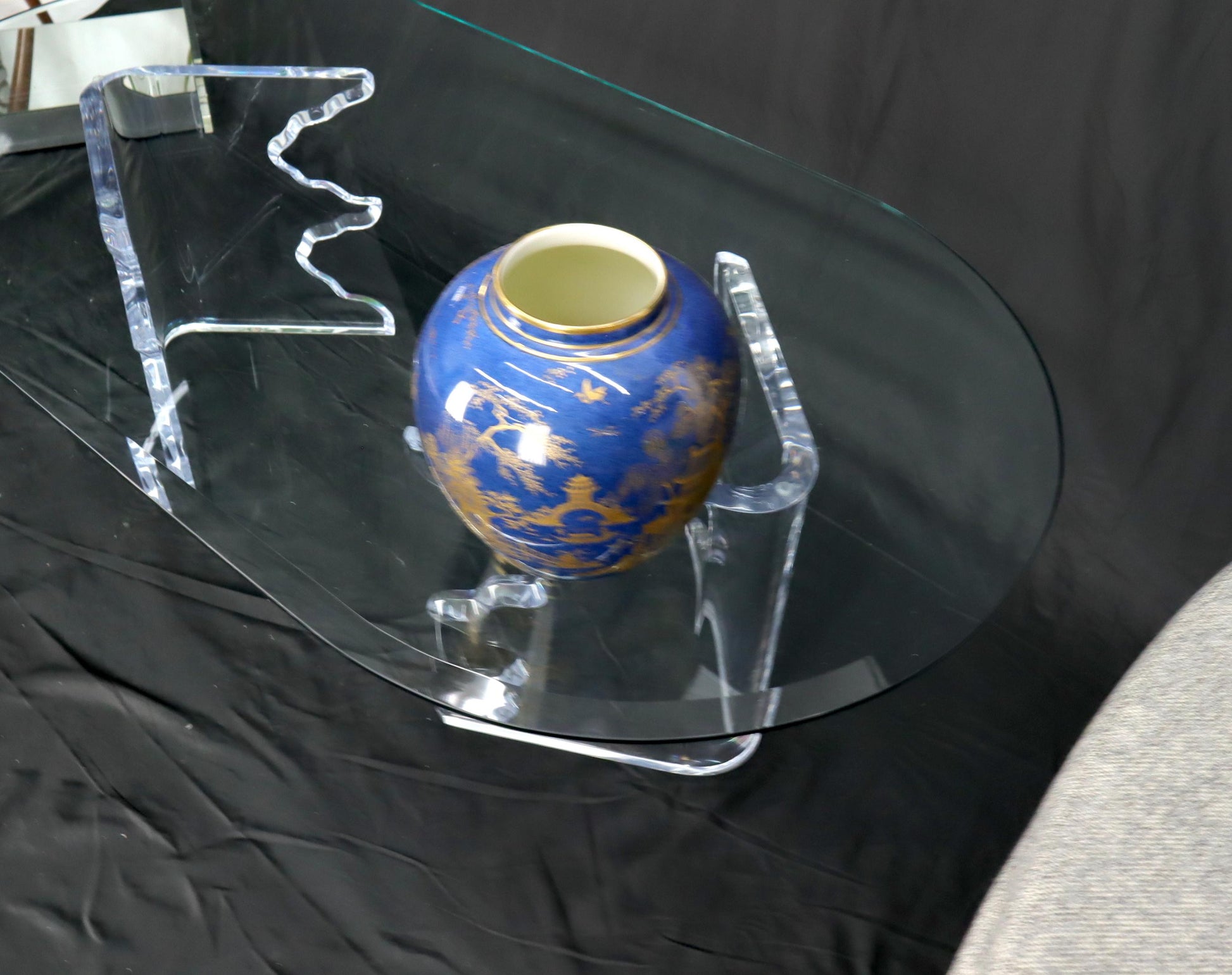 EstablishedLines Mid-Century Modern Live Edge Lucite Base Racetrack Oval Top Coffee Table