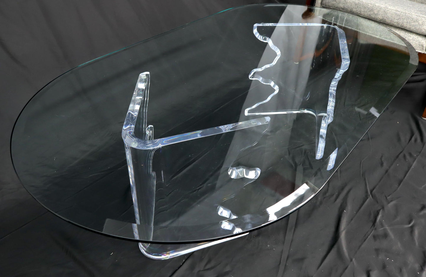 EstablishedLines Mid-Century Modern Live Edge Lucite Base Racetrack Oval Top Coffee Table