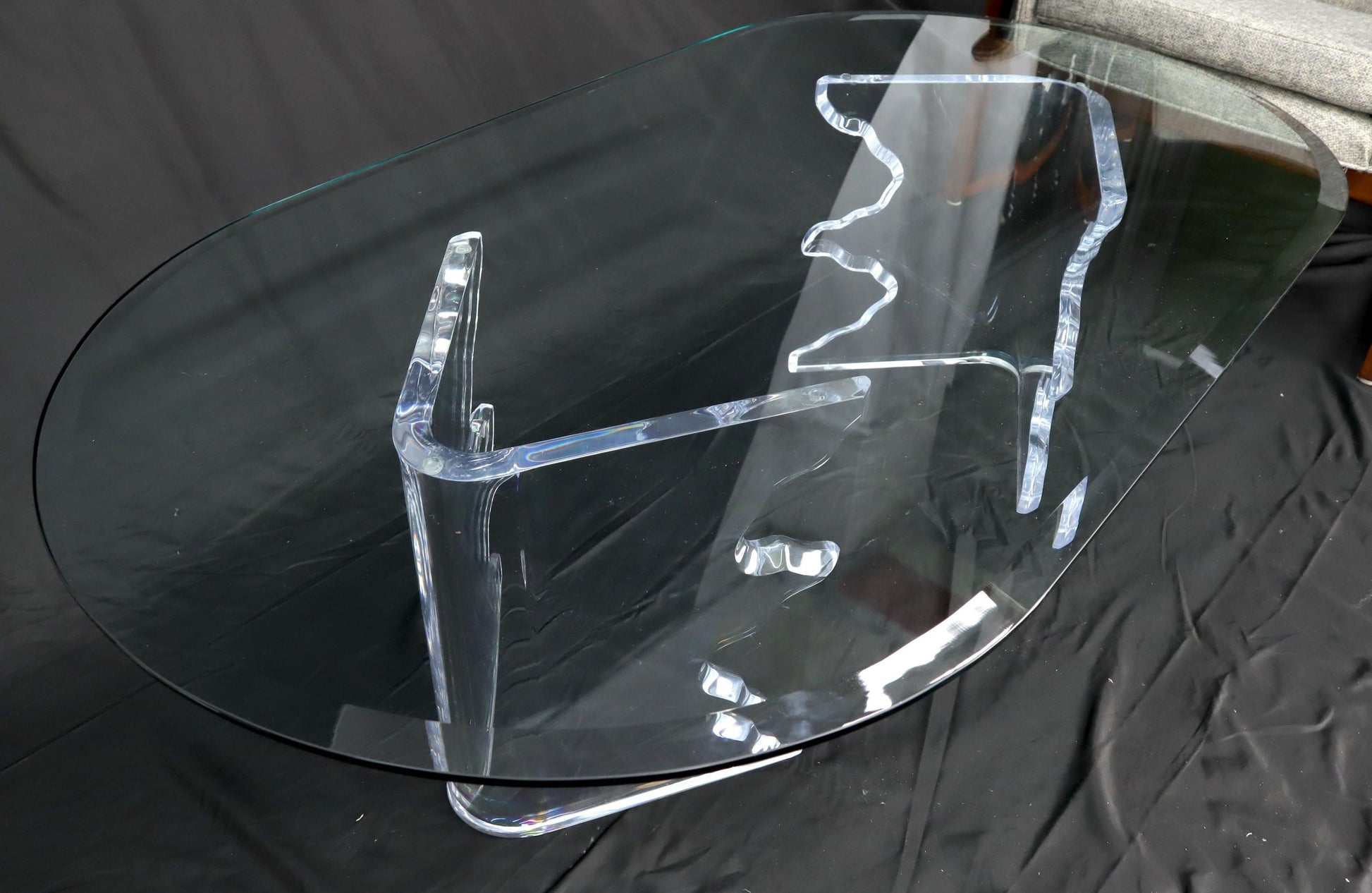 EstablishedLines Mid-Century Modern Live Edge Lucite Base Racetrack Oval Top Coffee Table
