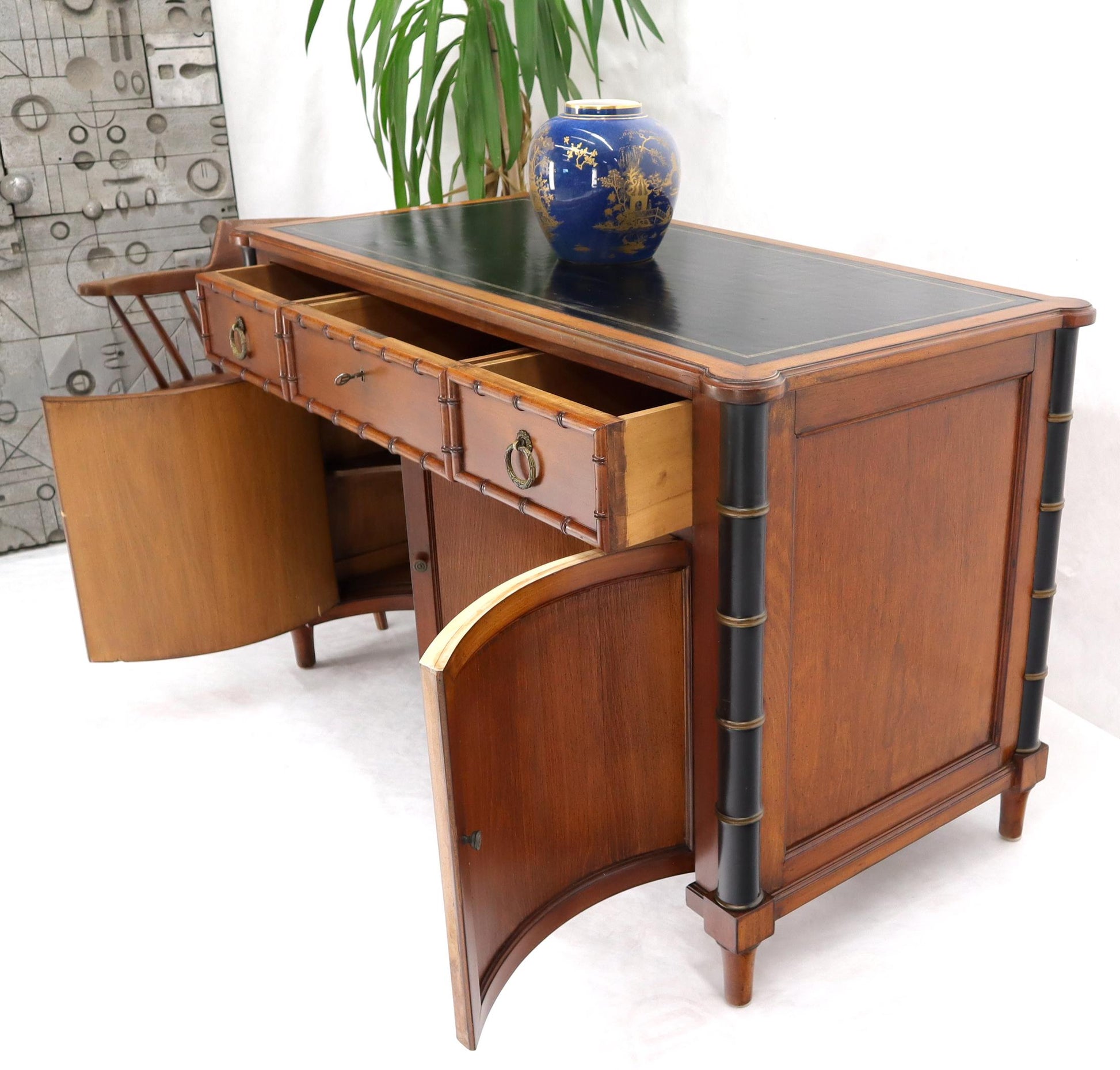 EstablishedLines Faux Bamboo Black Leather Top Mahogany Desk with Curved Bottom Doors Compartment