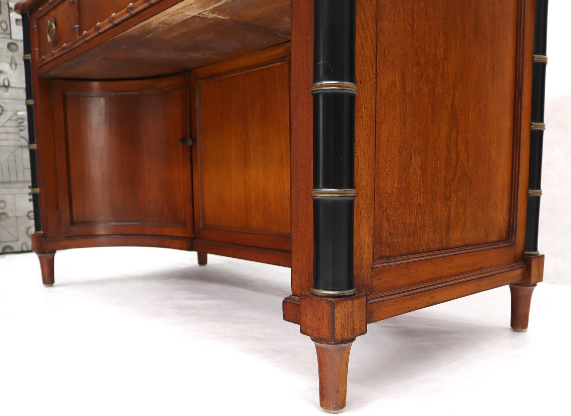 EstablishedLines Faux Bamboo Black Leather Top Mahogany Desk with Curved Bottom Doors Compartment