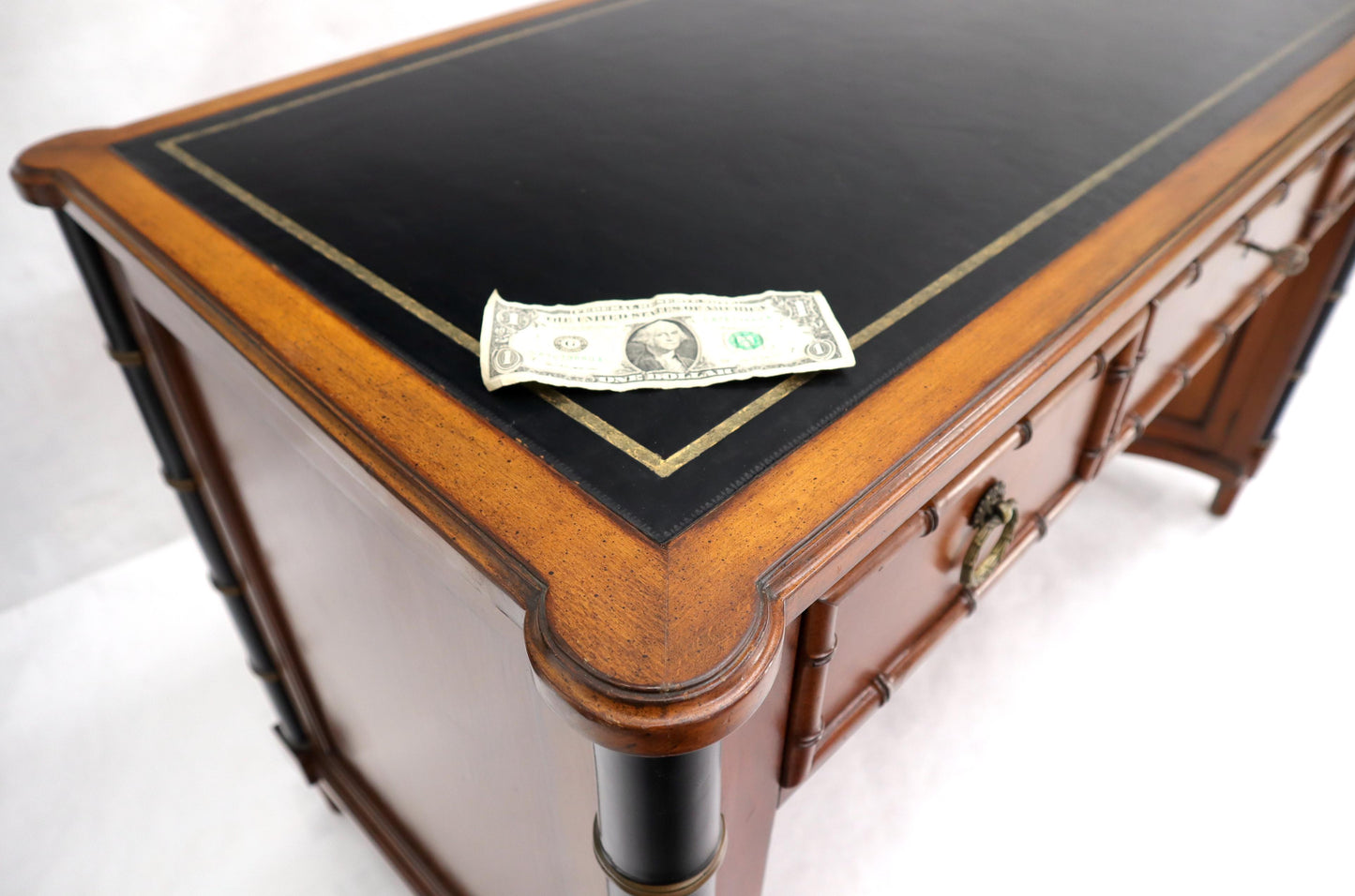 EstablishedLines Faux Bamboo Black Leather Top Mahogany Desk with Curved Bottom Doors Compartment