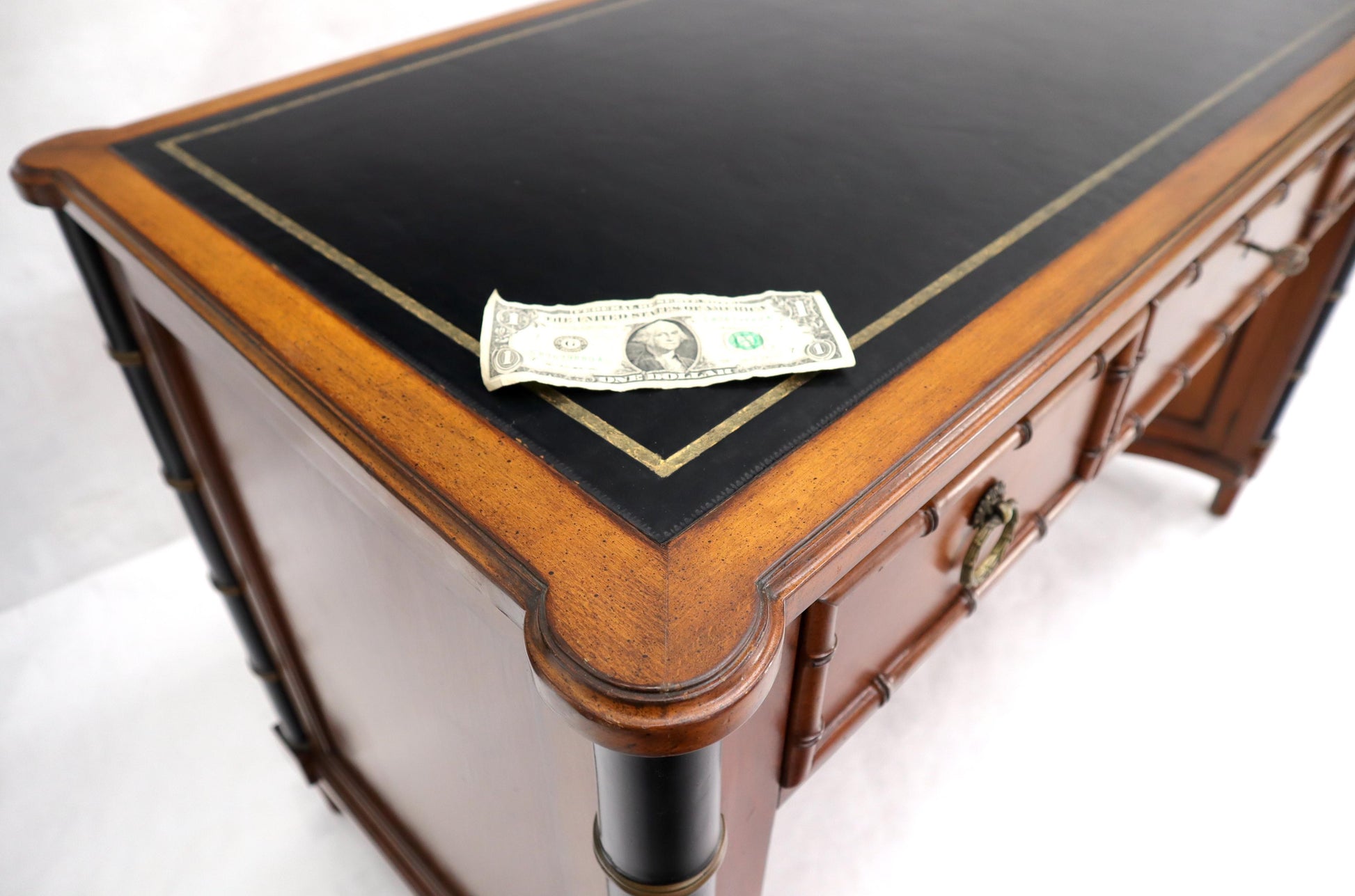 EstablishedLines Faux Bamboo Black Leather Top Mahogany Desk with Curved Bottom Doors Compartment