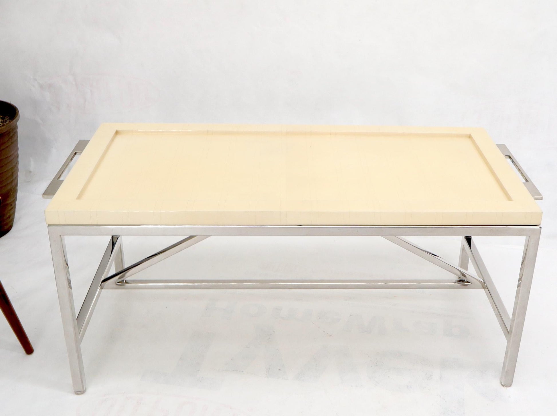 EstablishedLines Lacquered Parchment Tray Stainless Steel Base Coffee Table
