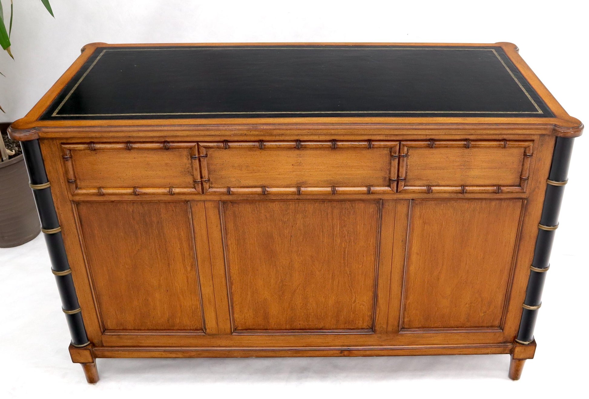 EstablishedLines Faux Bamboo Black Leather Top Mahogany Desk with Curved Bottom Doors Compartment