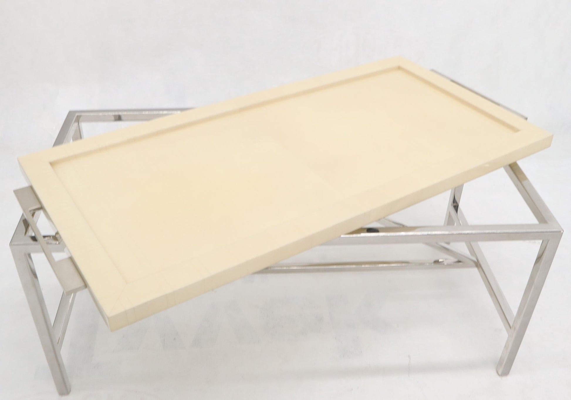 EstablishedLines Lacquered Parchment Tray Stainless Steel Base Coffee Table