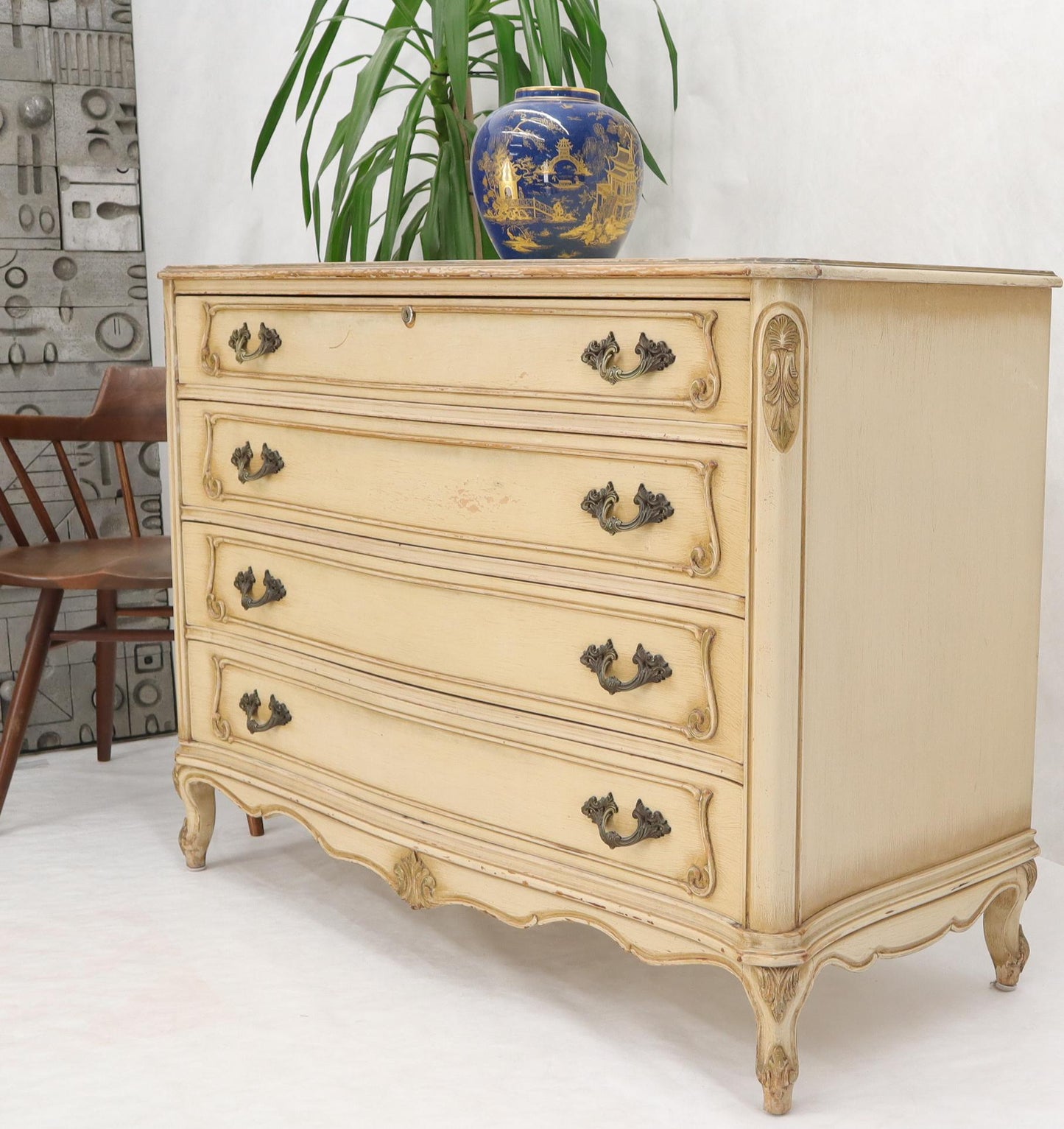 EstablishedLines Shabby Chic Gold Decorated Off White Painted French Provincial Dresser