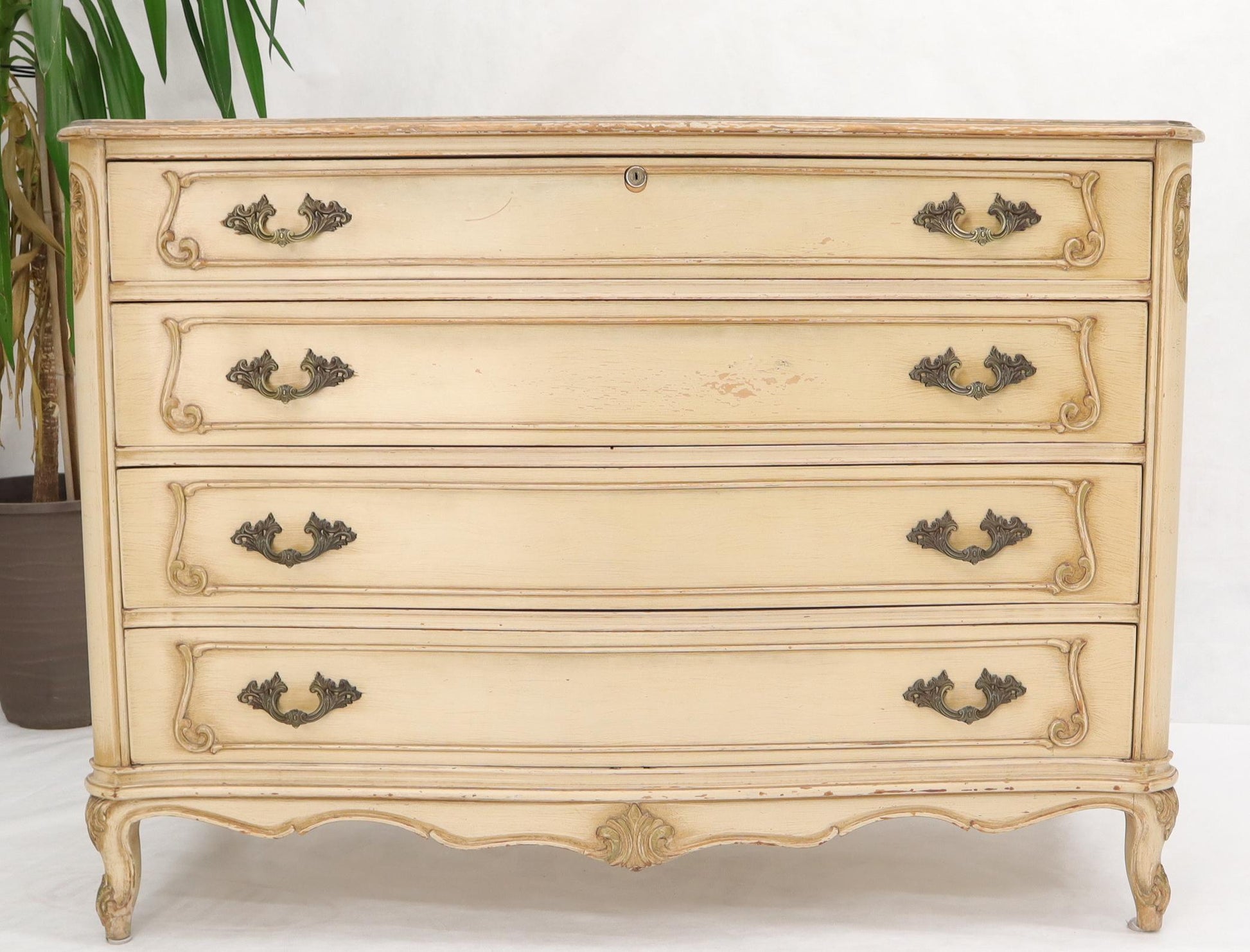 EstablishedLines Shabby Chic Gold Decorated Off White Painted French Provincial Dresser