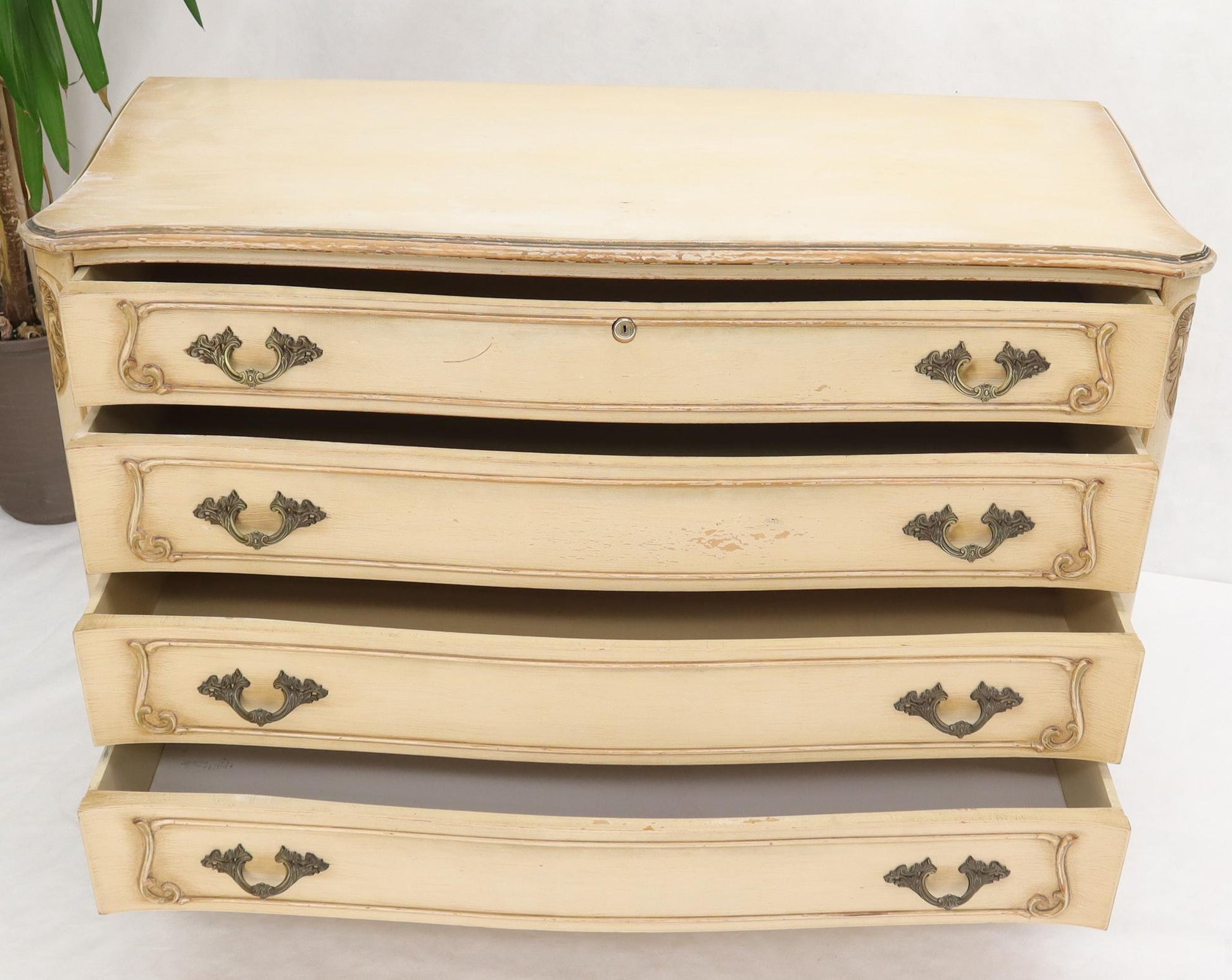 EstablishedLines Shabby Chic Gold Decorated Off White Painted French Provincial Dresser