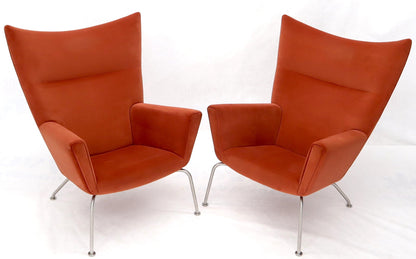 Pair of Hans Wegner for Carl Hansen Wing Chair in Orange Velvet like Fabric OX