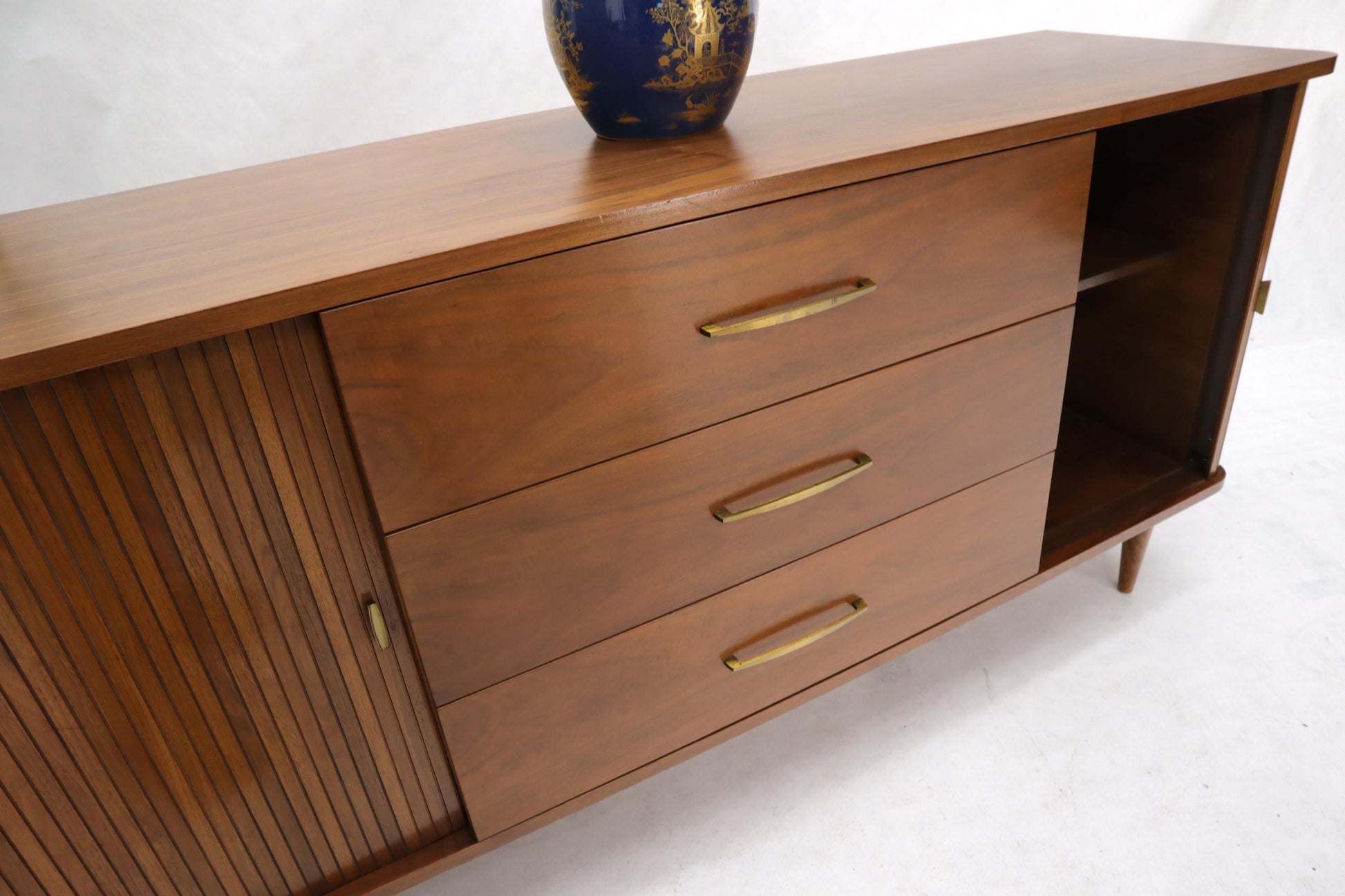 EstablishedLines American Walnut Mid-Century Modern Tambour Doors Long Dresser Credenza