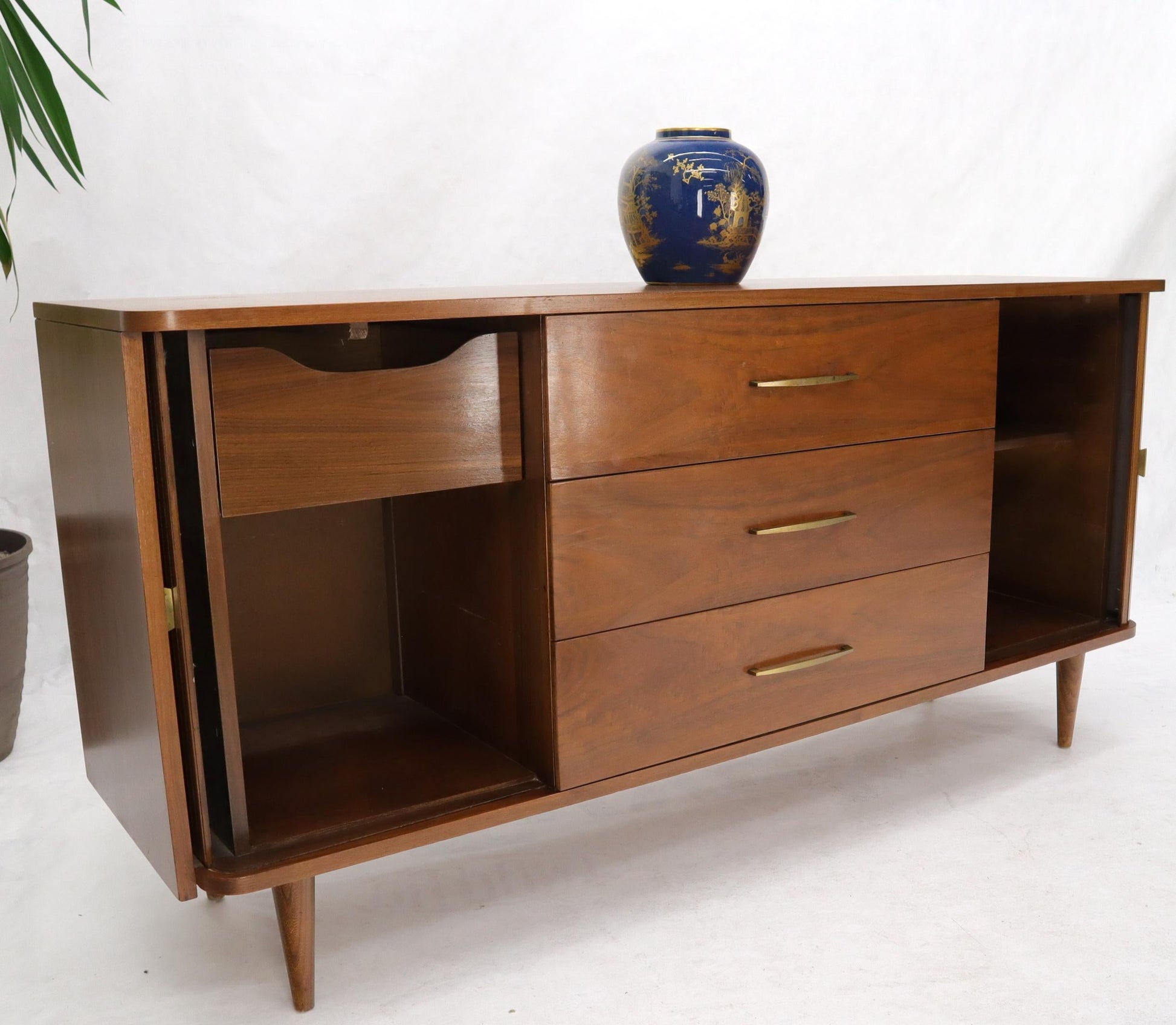 EstablishedLines American Walnut Mid-Century Modern Tambour Doors Long Dresser Credenza