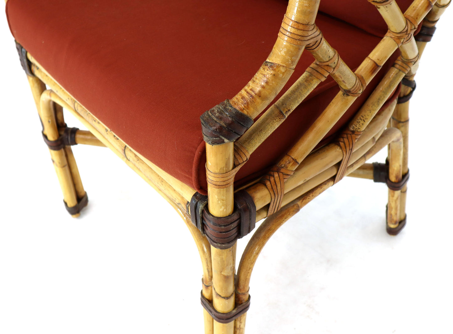 McGuire 7  Pieces Bamboo Dining Set Round Glass Top Table Two Arm Chairs Leather