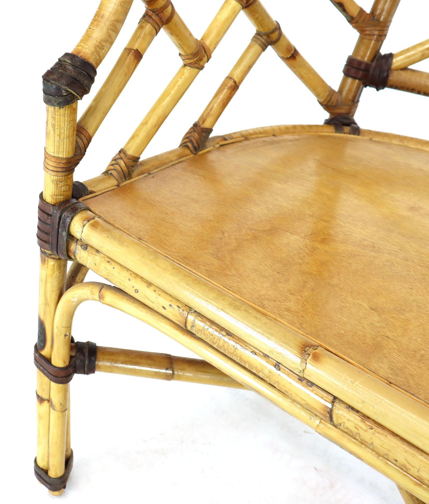 McGuire 7  Pieces Bamboo Dining Set Round Glass Top Table Two Arm Chairs Leather