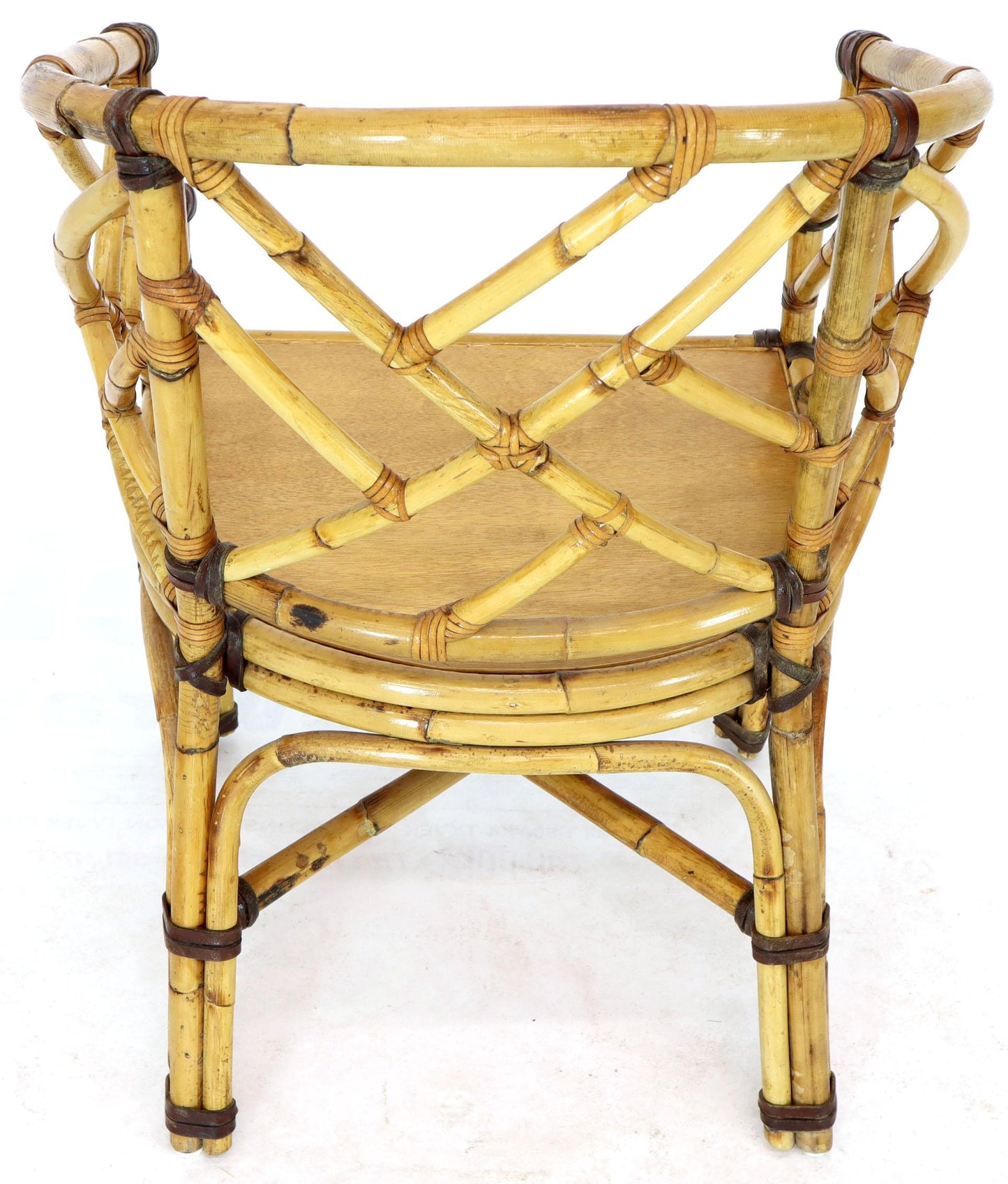 McGuire 7  Pieces Bamboo Dining Set Round Glass Top Table Two Arm Chairs Leather