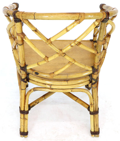 McGuire 7  Pieces Bamboo Dining Set Round Glass Top Table Two Arm Chairs Leather